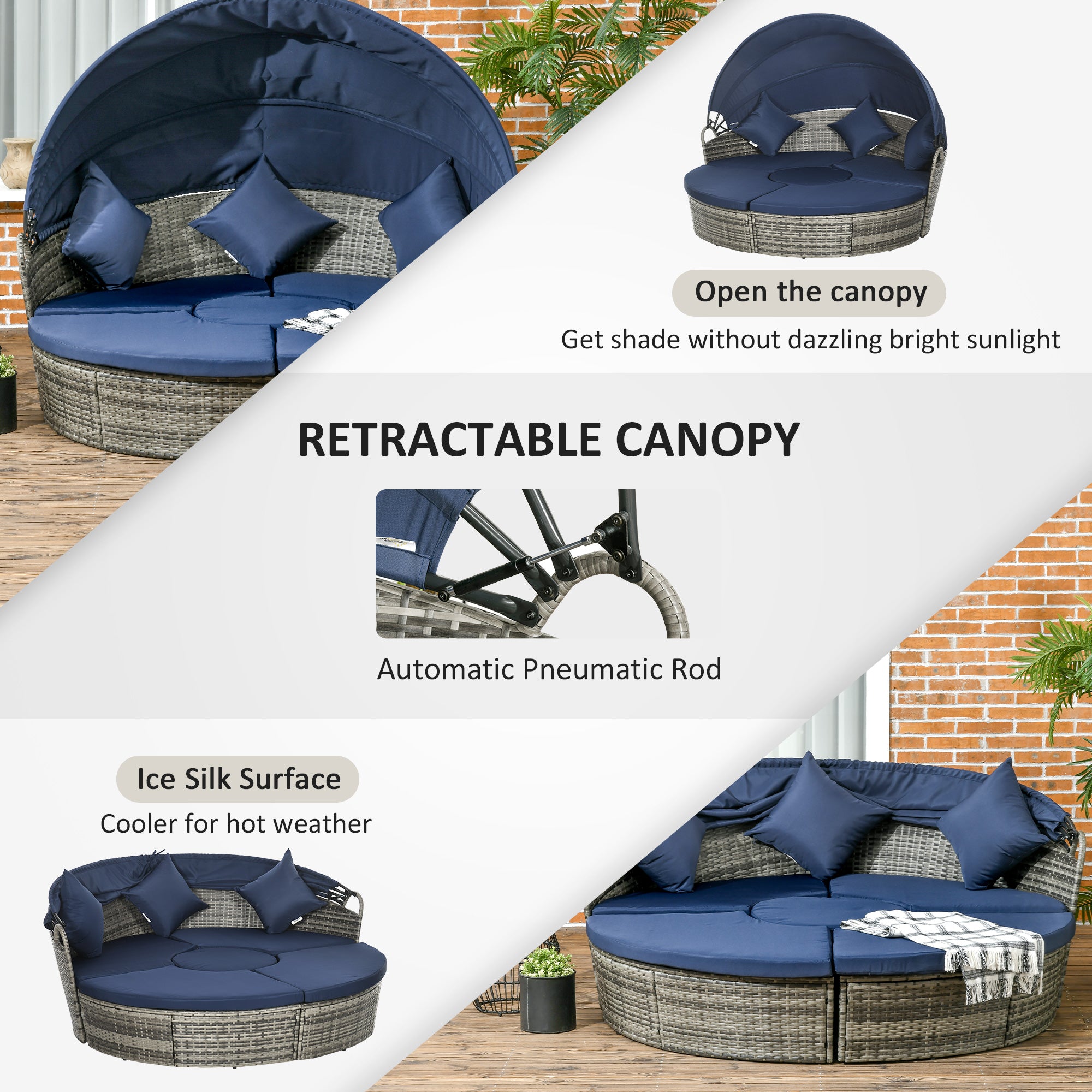 PE Rattan Wicker Outdoor Daybed with Retractable Canopy, Cushions, Dark Blue Daybeds   at Gallery Canada