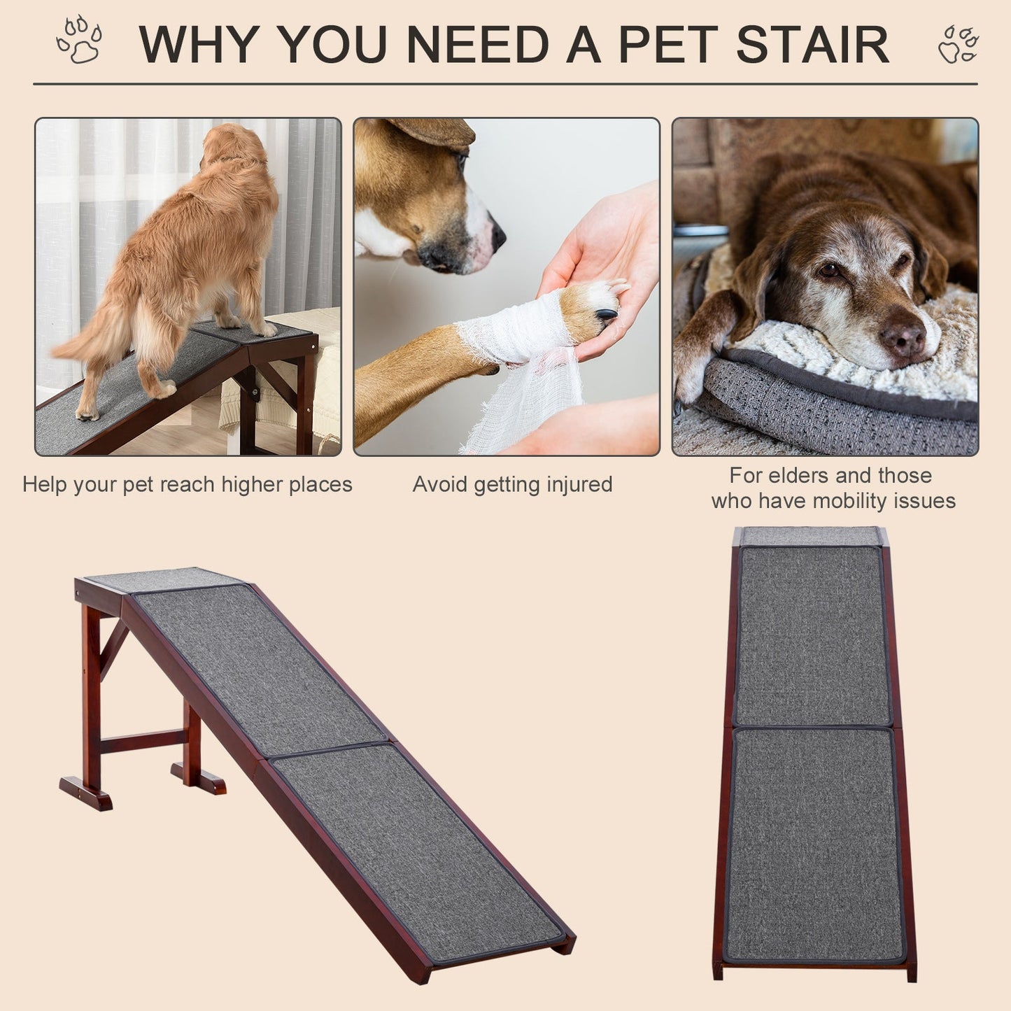 Pet Ramp Bed Steps for Dogs Cats Non-slip Carpet Top Platform Pine Wood 74"L x 16"W x 25"H Brown Grey Dog Stairs   at Gallery Canada