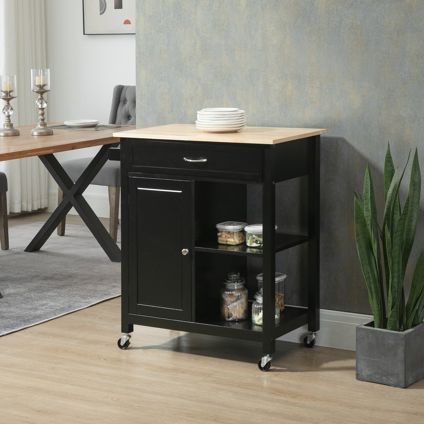 Rolling Kitchen Cart with Wood Top and Drawer, Kitchen Island on Wheels for Dining Room, Black | Aosom Canada Kitchen Islands & Kitchen Carts   at Gallery Canada