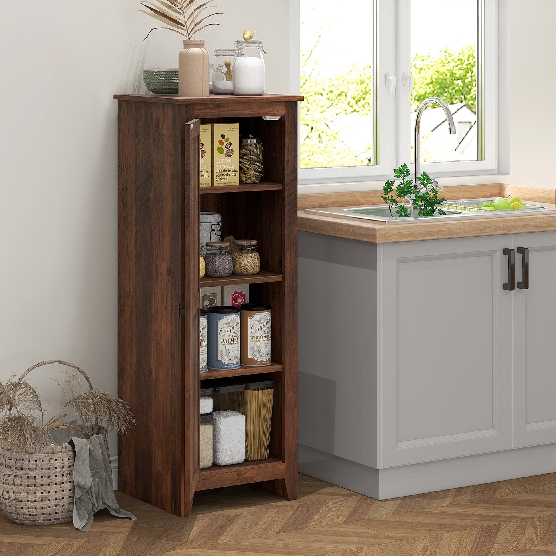 48" Farmhouse Kitchen Pantry Storage Cabinet with Barn Door, Kitchen Pantry Cabinet with Adjustable Shelves, Brown Kitchen Pantry Cabinets   at Gallery Canada