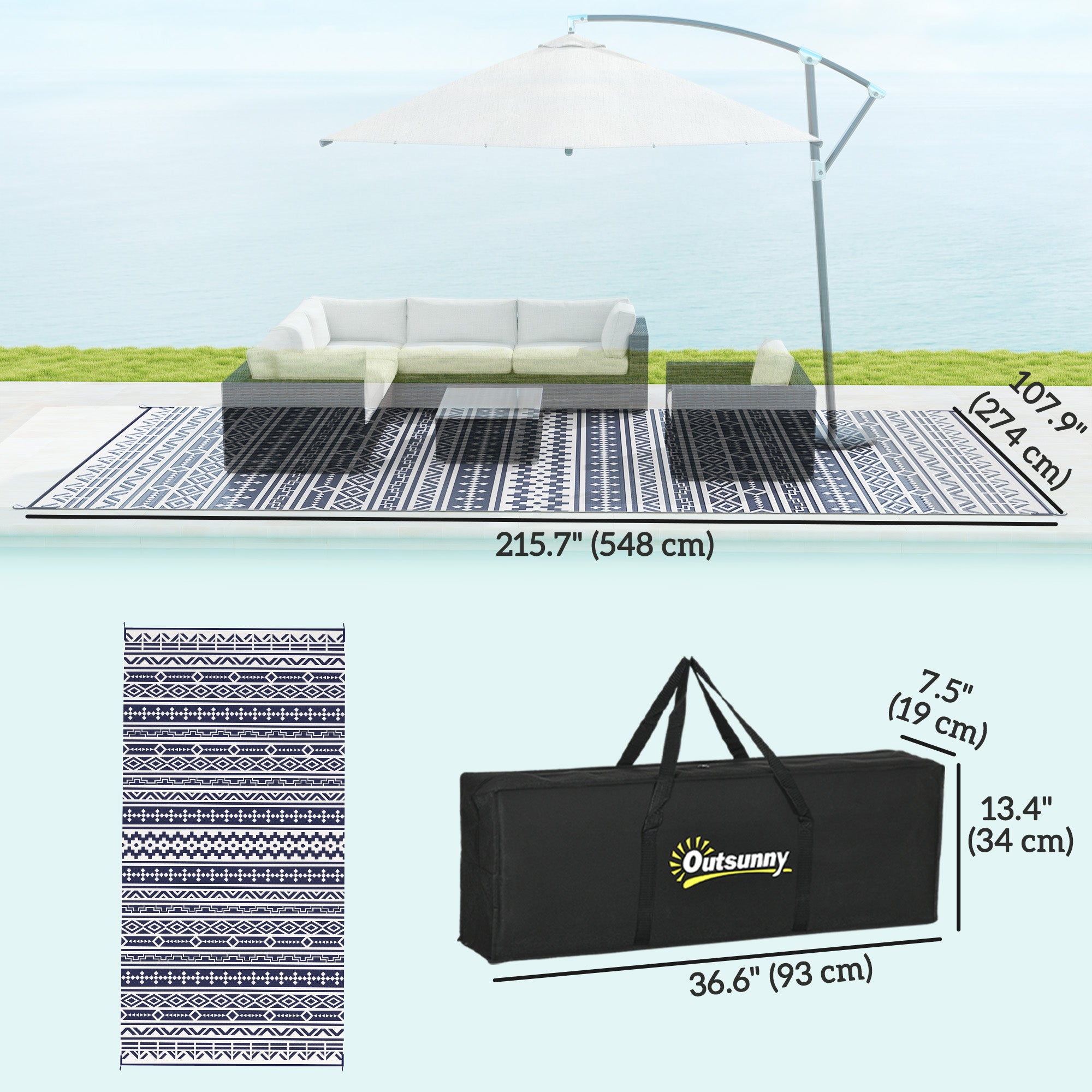 9' x 18' Outdoor RV Rug, Reversible Patio Floor Mat with Carry Bag, Geometric Wall, Blue and White Garden Decor at Gallery Canada
