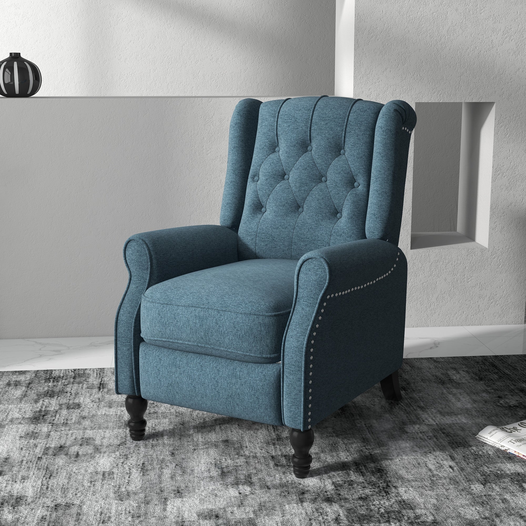 Wingback Reclining Chair with Footrest, Button Tufted Recliner Chair with Rolled Armrests for Living Room, Blue Single Sofas   at Gallery Canada