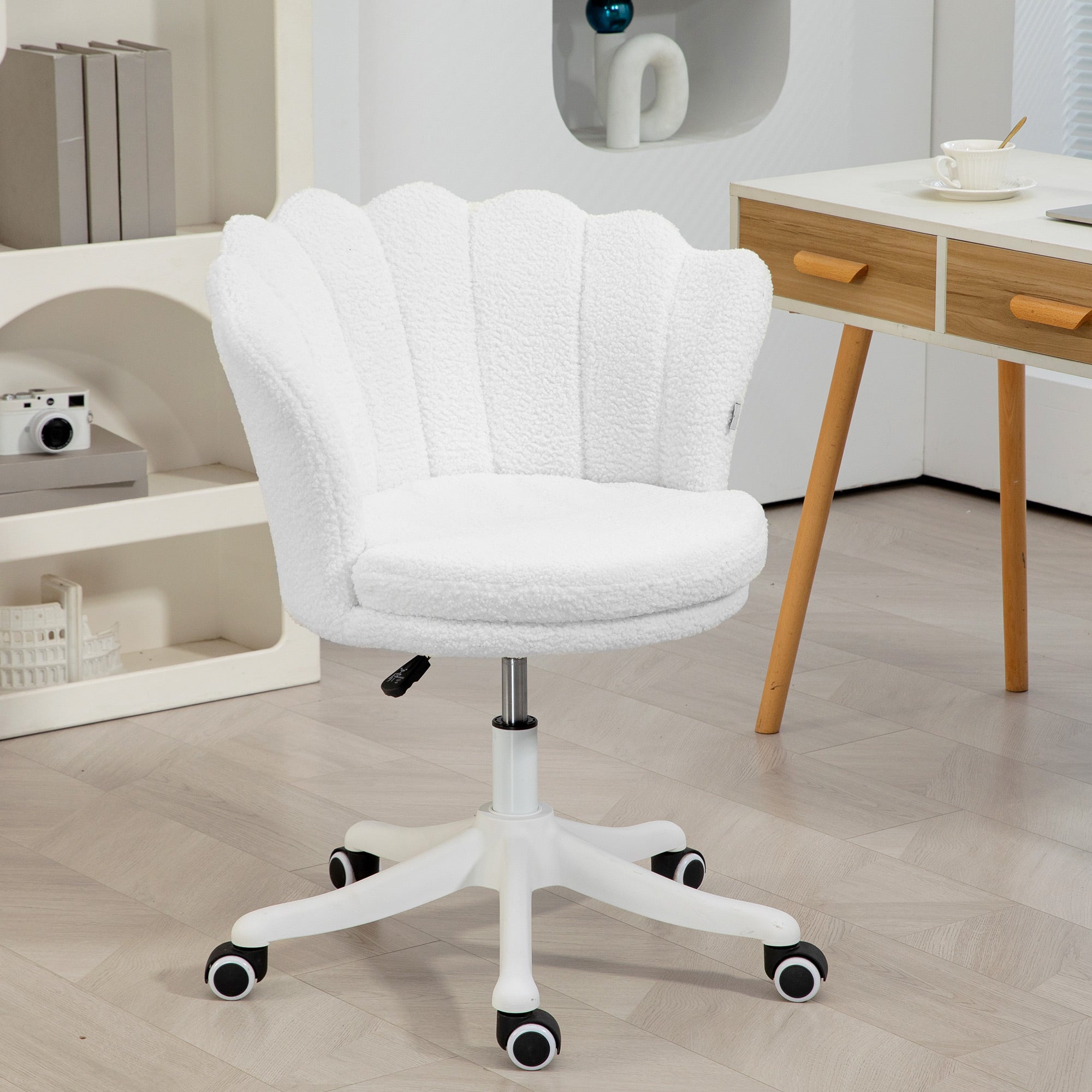 Adjustable Height Study Chair, Mid Back Berber Fleece Office Chair with Swivel Wheels for Living Room, Study, White Task Chairs at Gallery Canada