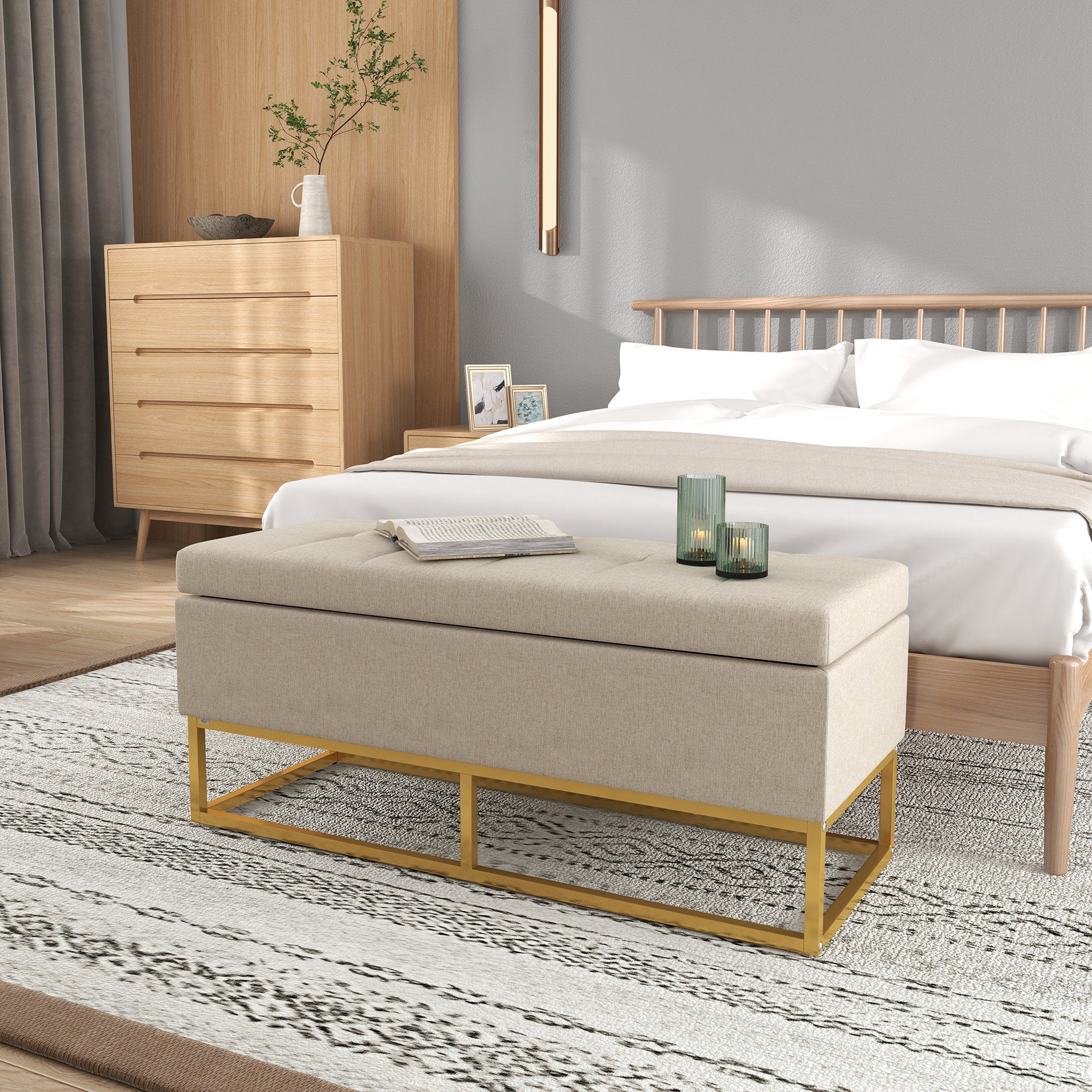 Storage Ottoman with Flip Top, Upholstered Storage Bench, Linen Fabric Footstool with Steel Legs for Living Room, Bedroom, Beige Storage Ottomans & Benches at Gallery Canada