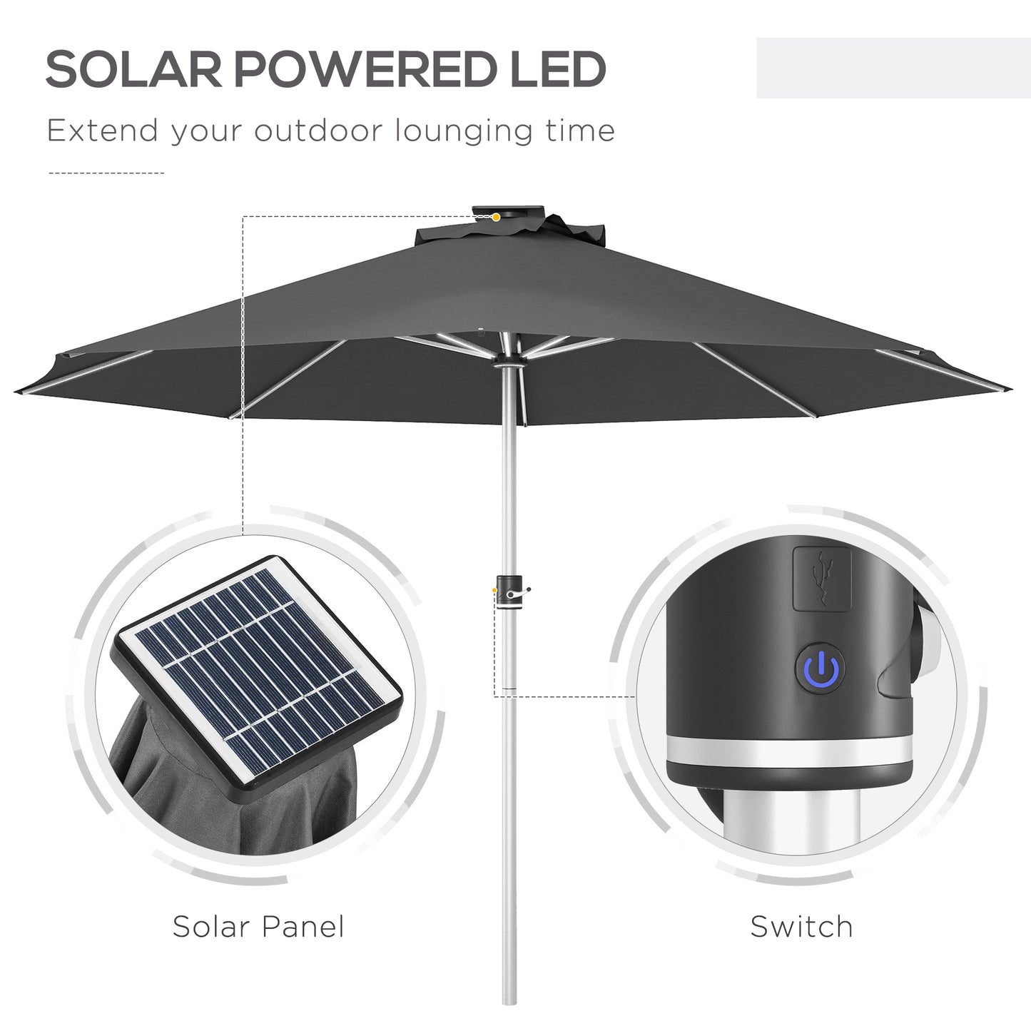 LED Patio Umbrella, Lighted Deck Umbrella with 4 Lighting Modes, Solar &; USB Charging, Charcoal Grey Sun Umbrellas   at Gallery Canada