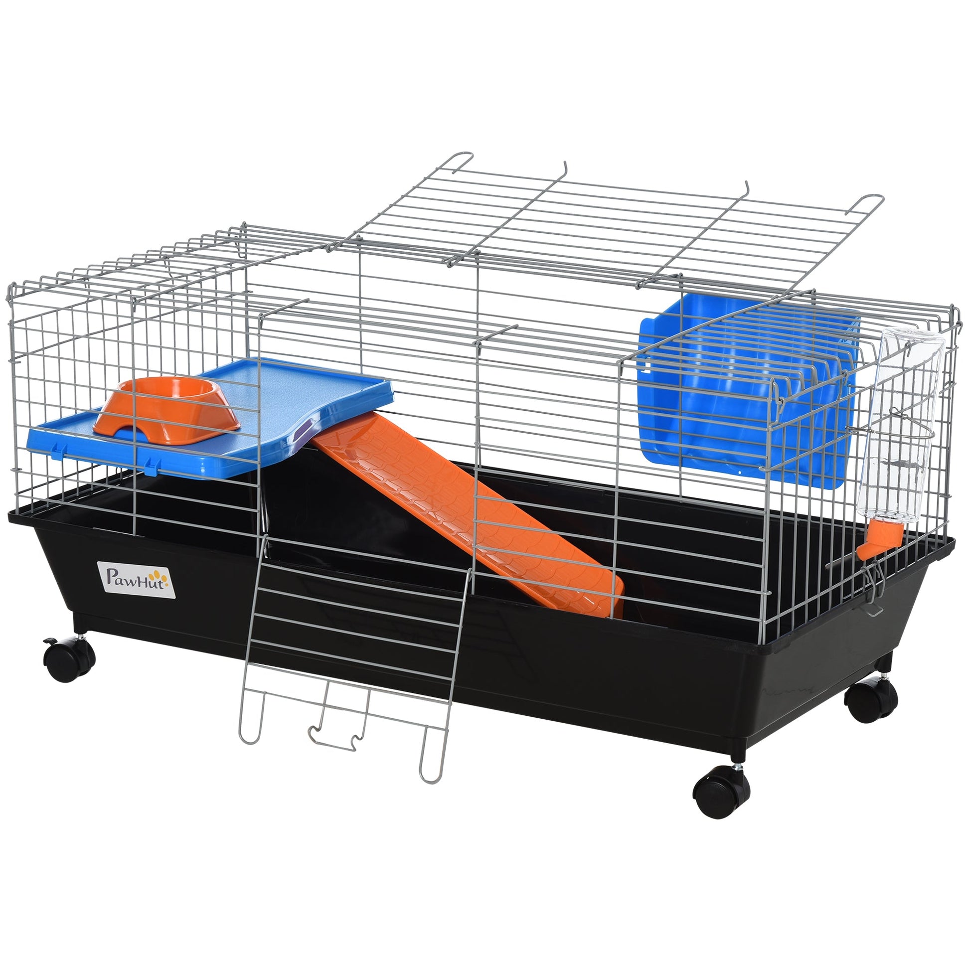 Small Animal Cage, Rolling Bunny Cage, Guinea Pig Cage with Food Dish, Water Bottle, Hay Feeder, Platform, Ramp, Black Houses & Habitats Black  at Gallery Canada