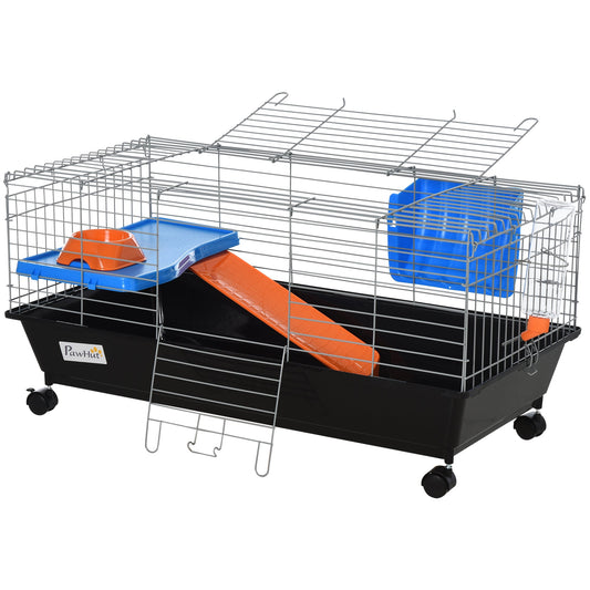 Small Animal Cage, Rolling Bunny Cage, Guinea Pig Cage with Food Dish, Water Bottle, Hay Feeder, Platform, Ramp, Black - Gallery Canada