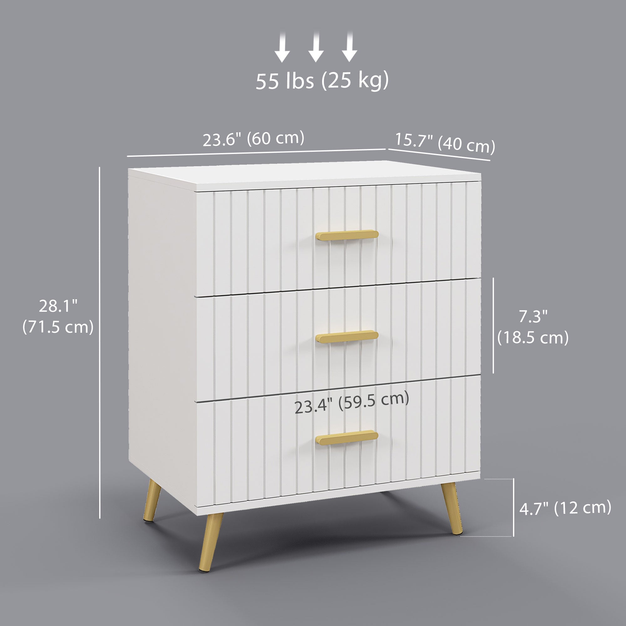 3 Drawer Cabinet, Drawer Chest for Bedroom, Chest of Drawers with Aluminium Legs and Gold Handles, White Storage Cabinets   at Gallery Canada