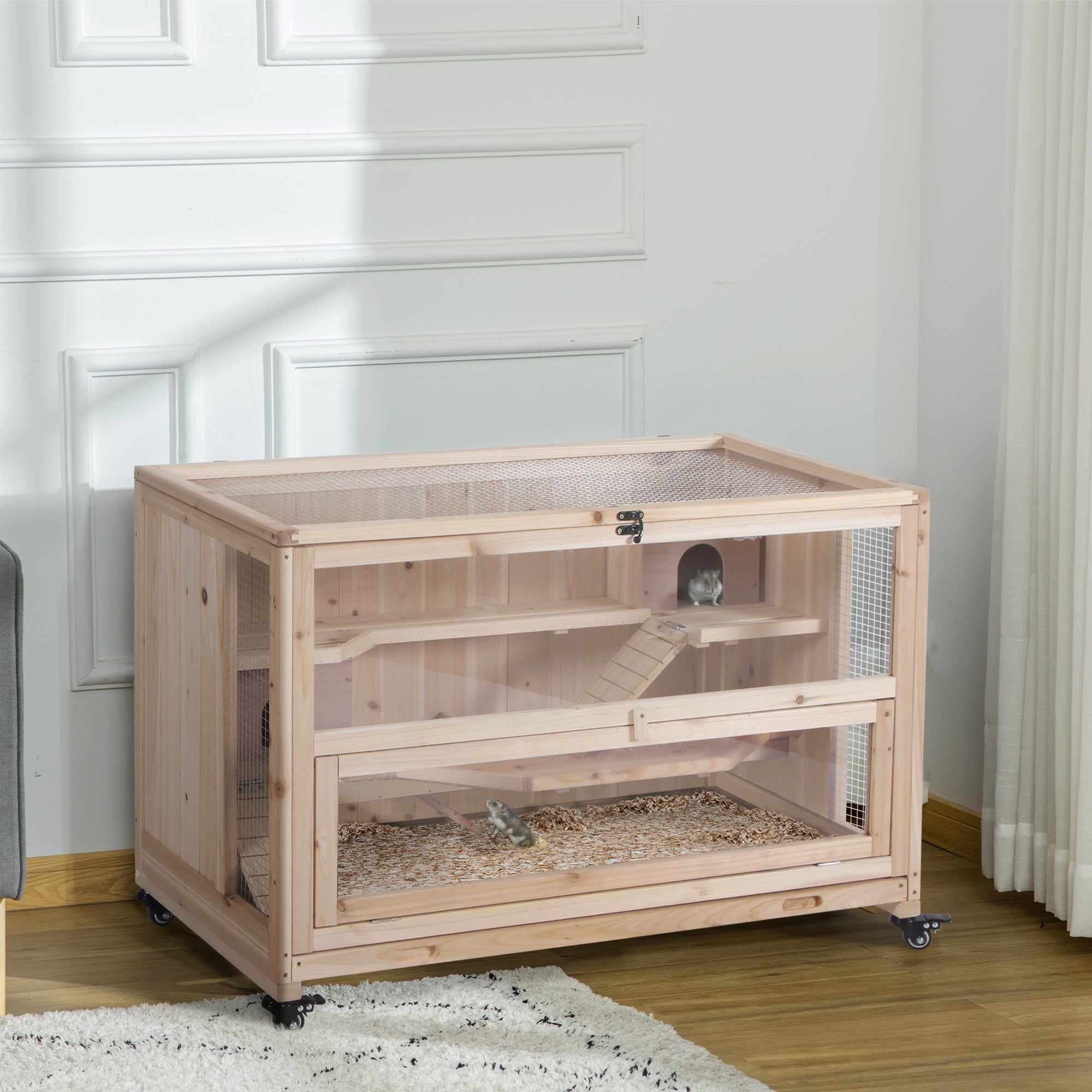 3 Tier Wooden Hamster Cage with Wheels for Syrian, Dwarf Hamster, Nature Wood Hamster Cages Natural  at Gallery Canada