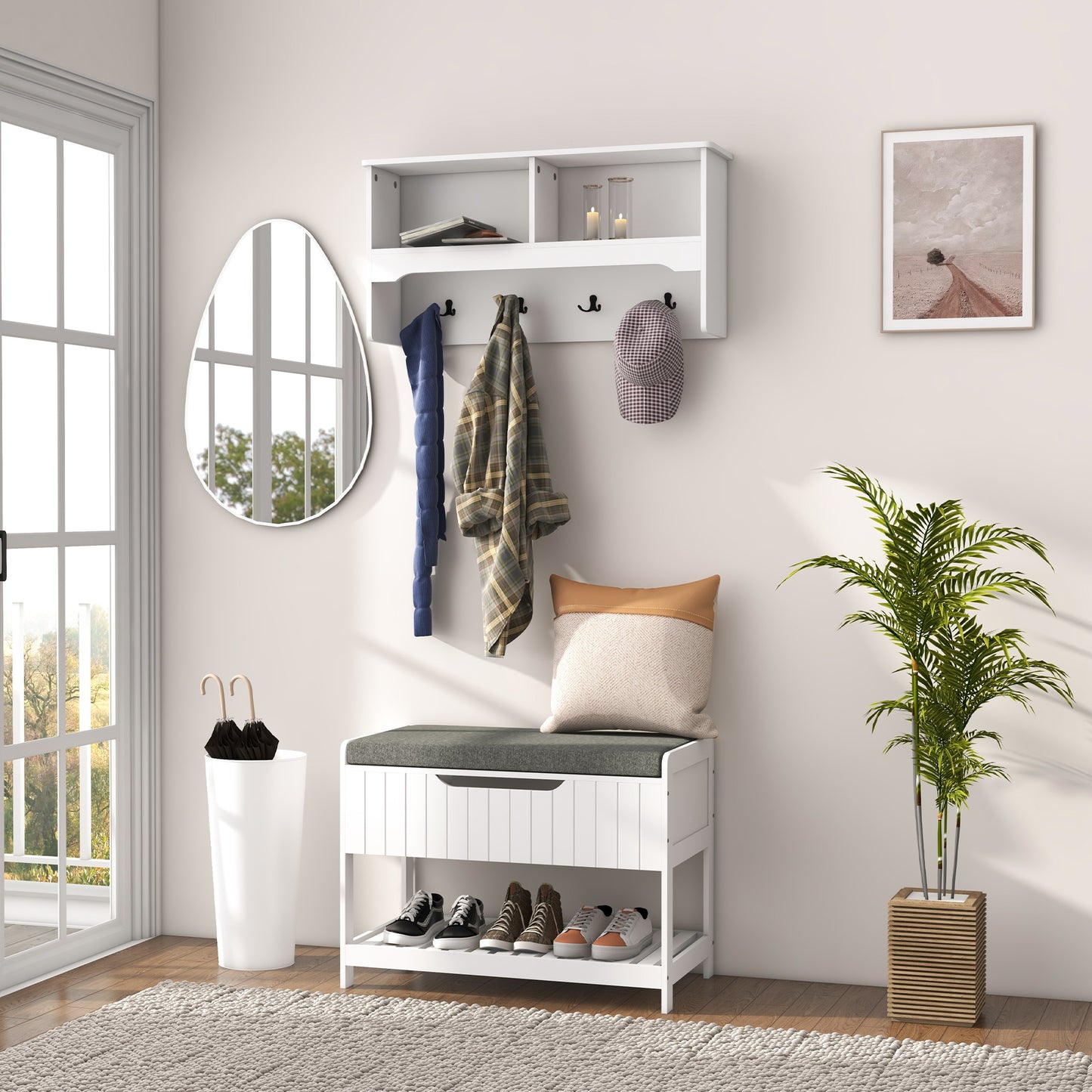 Wall Mounted Coat Rack with Shoe Storage Bench, Hall Tree and Bench, Clothes Hanger Rack with Shelves for Hallway White Clothing Storage   at Gallery Canada