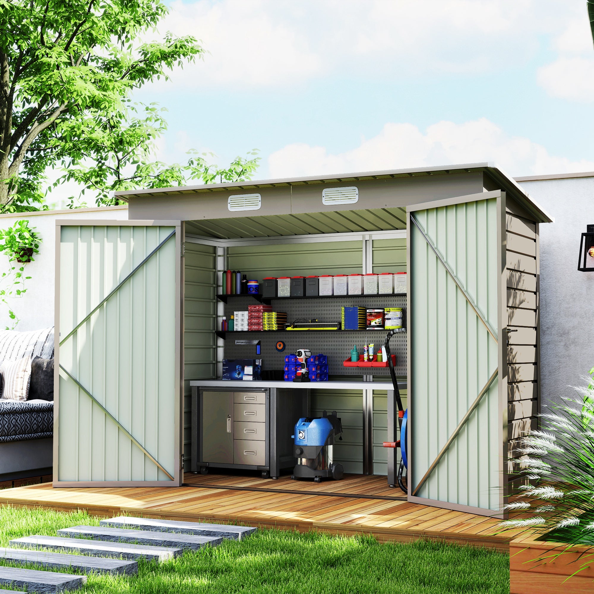 8 x 4FT Galvanized Garden Storage Shed, Metal Outdoor Shed with Double Doors and 2 Vents, Light Grey Sheds at Gallery Canada