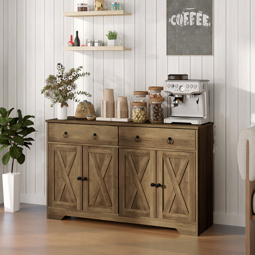 Sideboard Cabinet with 2 Drawers, 4 Barn Doors and 2 Adjustable Shelves, Buffet Table for Living Room, Light Brown
