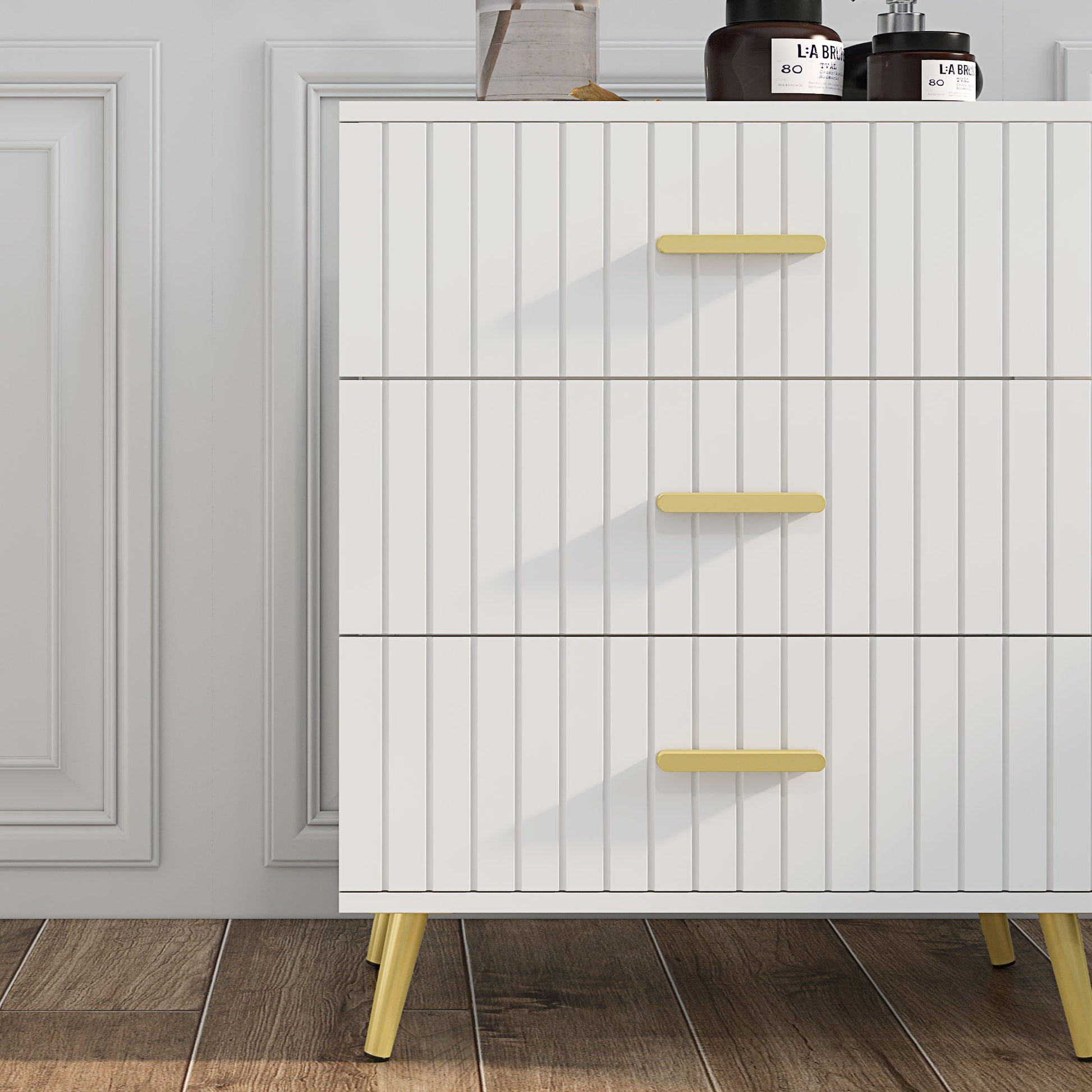 3 Drawer Cabinet, Drawer Chest for Bedroom, Chest of Drawers with Aluminium Legs and Gold Handles, White Storage Cabinets   at Gallery Canada