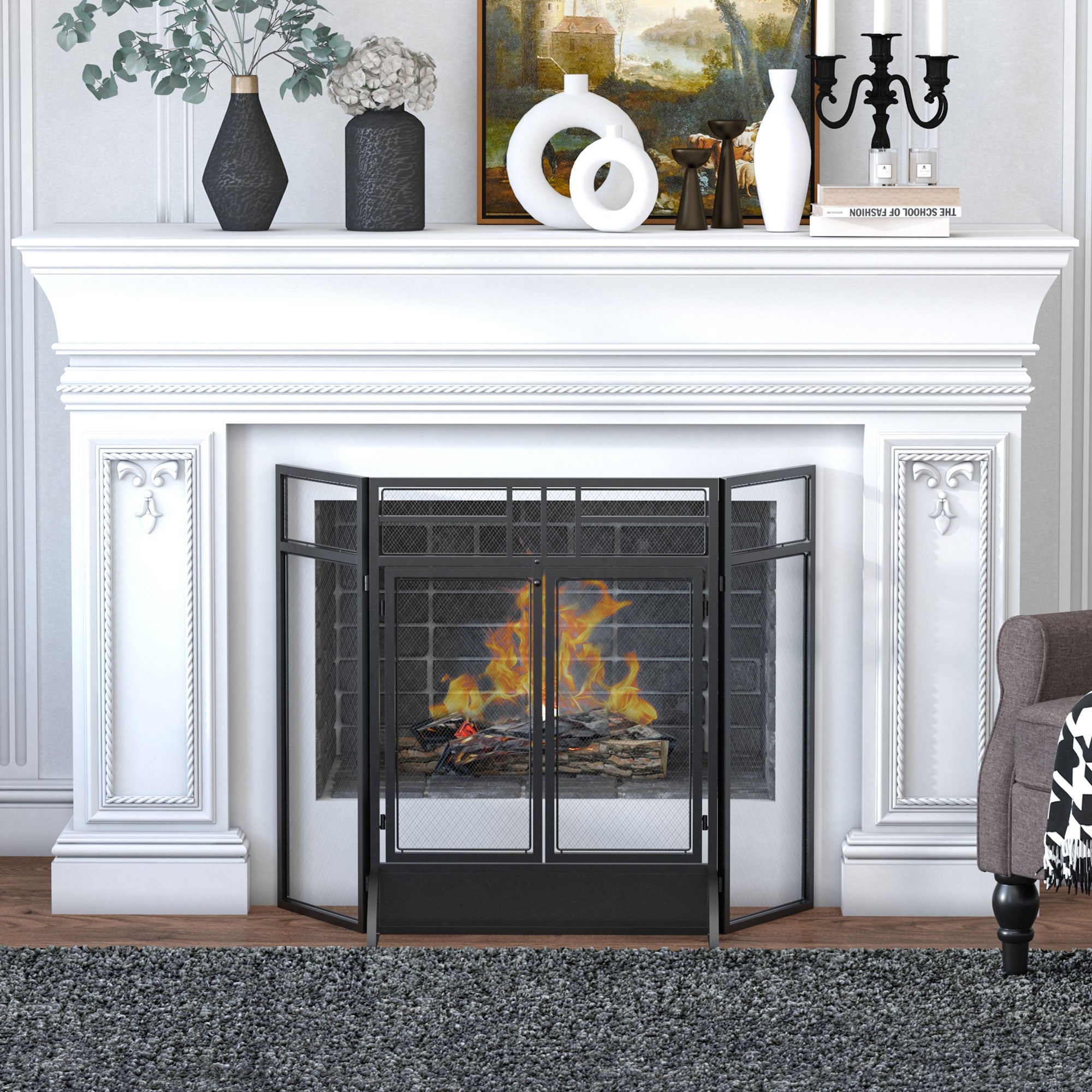 3-Panel Steel Mesh Fireplace Screen, Decorative Fire Spark Guard Cover with Double Doors, 47x31in, Black Fireplace Screens   at Gallery Canada