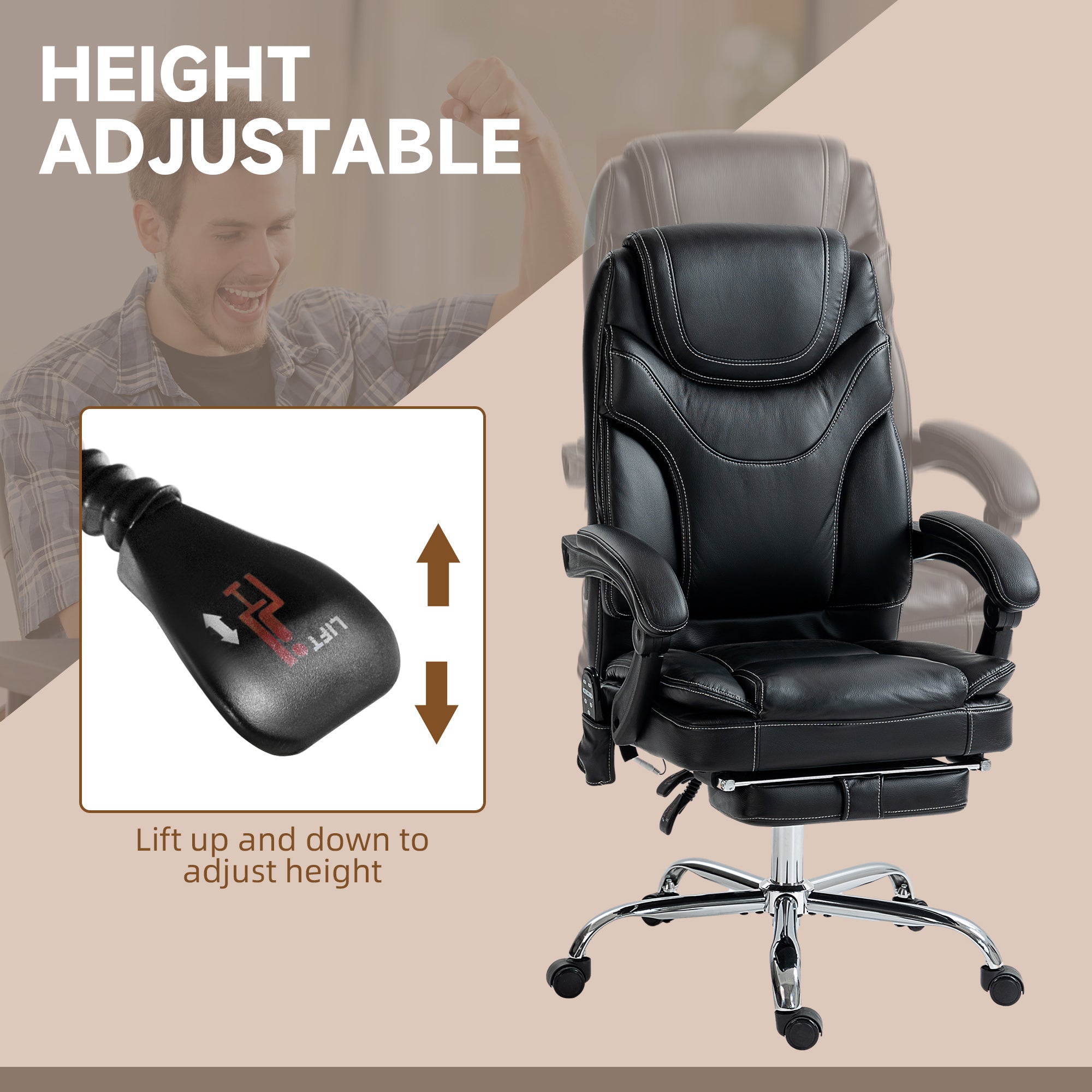 6 Point Vibration Massage Office Chair, PU Leather Heated Reclining Computer Chair with Footrest, Black Massage Chairs   at Gallery Canada