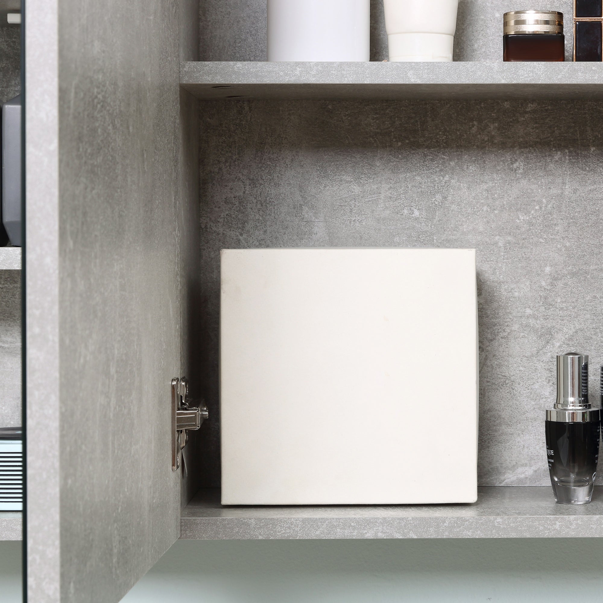 Medicine Cabinet with Mirror, Cement-Like Contemporary Bathroom Wall Cabinet with 6 Open Shelves, Grey Mirror Medicine Cabinets at Gallery Canada