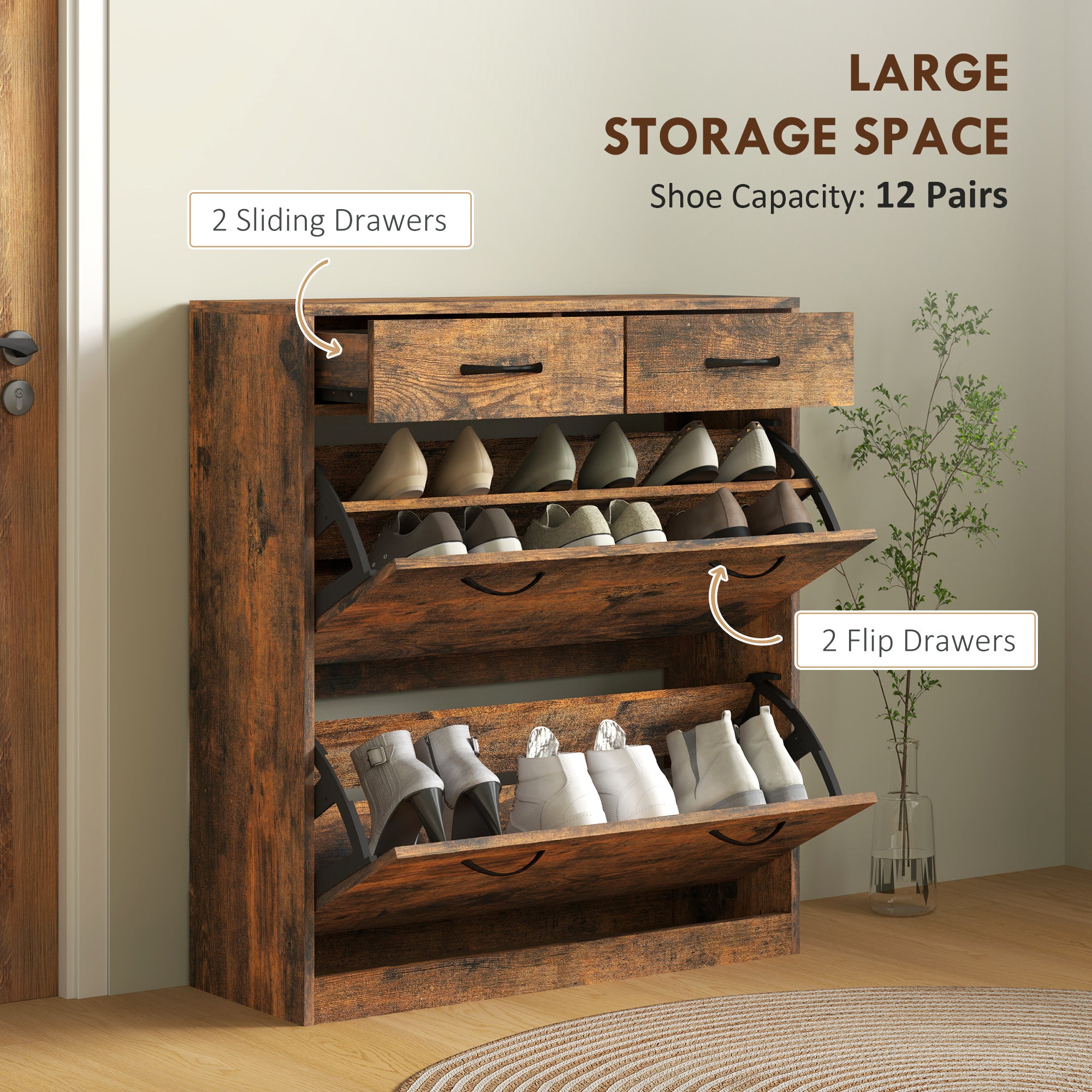 Narrow Shoe Storage with 2 Flip Drawers and Adjustable Shelves Shoe Organizer Cabinet for 12 Pairs of Shoes, Brown Shoe Storage Cabinets & Racks at Gallery Canada