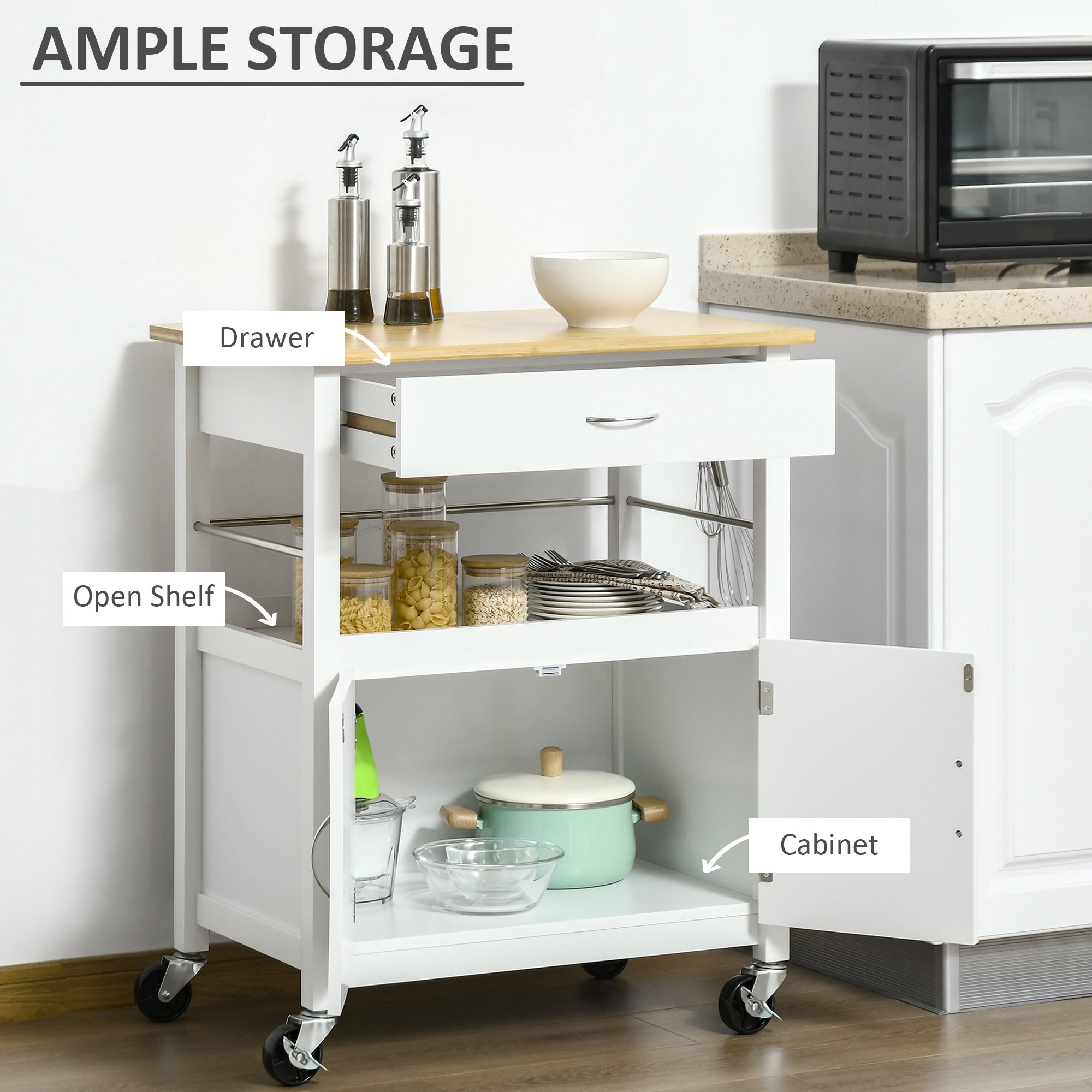 Kitchen Cart, Utility Trolley, Small Kitchen Island with Storage Drawer &; Side Hooks for Dining Room, White Kitchen Islands & Kitchen Carts   at Gallery Canada