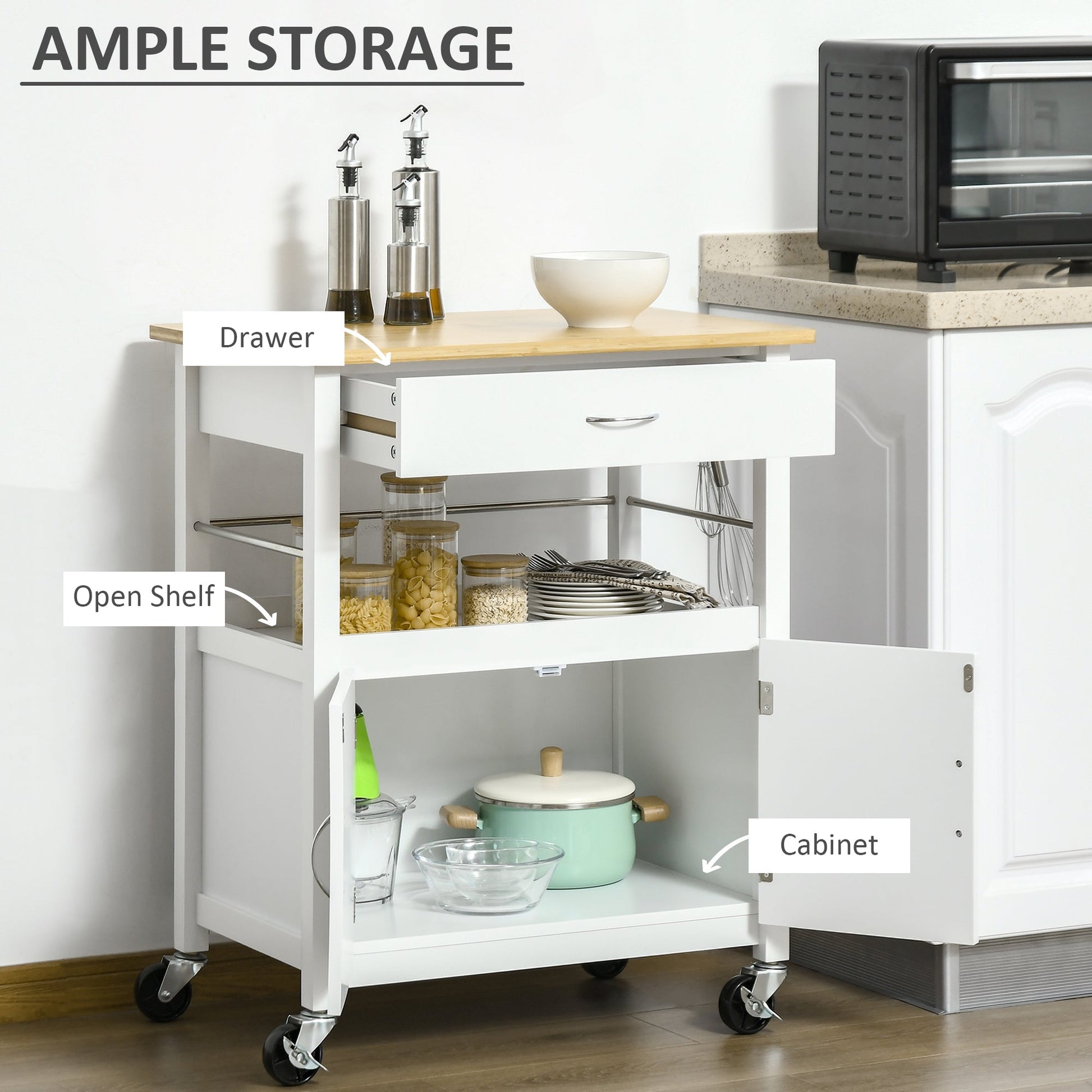 Kitchen Cart, Utility Trolley, Small Kitchen Island with Storage Drawer &; Side Hooks for Dining Room, White Kitchen Islands & Kitchen Carts   at Gallery Canada