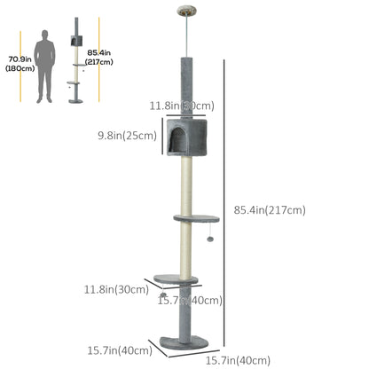 4-Tier Floor to Ceiling Cat Tree, Tall Cat Tower with Scratching Post, Plush Padding, Toy Ball, Cat Condo for Indoor Cats, Light Grey Floor to Ceiling Cat Trees at Gallery Canada