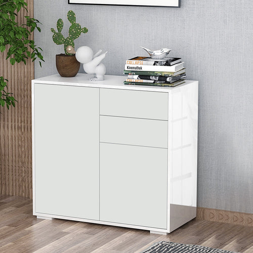 High Gloss Buffet Sideboard with 2 Drawers, 2 Doors and Adjustable Shelf, Kitchen Storage Cabinet with Push Open Design, White