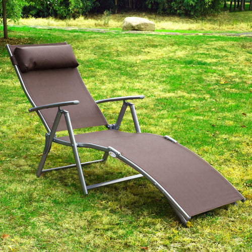 7-Position Adjustable Reclining Outdoor Sun Lounger with Pillow, Brown