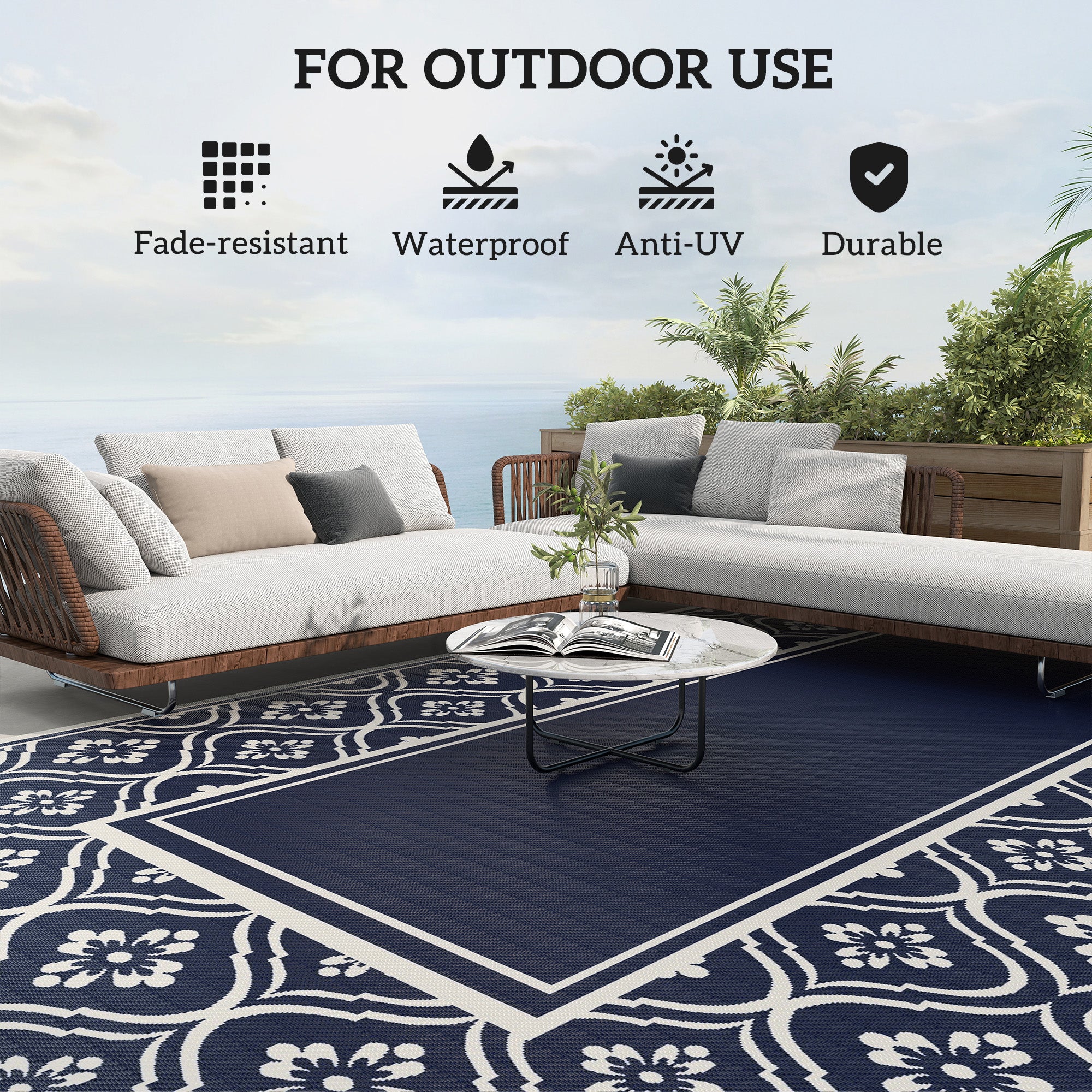 9' x 18' Outdoor RV Rug, Reversible Patio Floor Mat with Carry Bag, Gourd Border, Blue and White Garden Decor at Gallery Canada