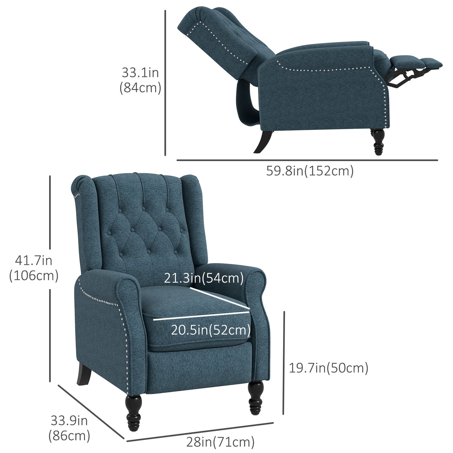 Wingback Reclining Chair with Footrest, Button Tufted Recliner Chair with Rolled Armrests for Living Room, Blue Single Sofas   at Gallery Canada