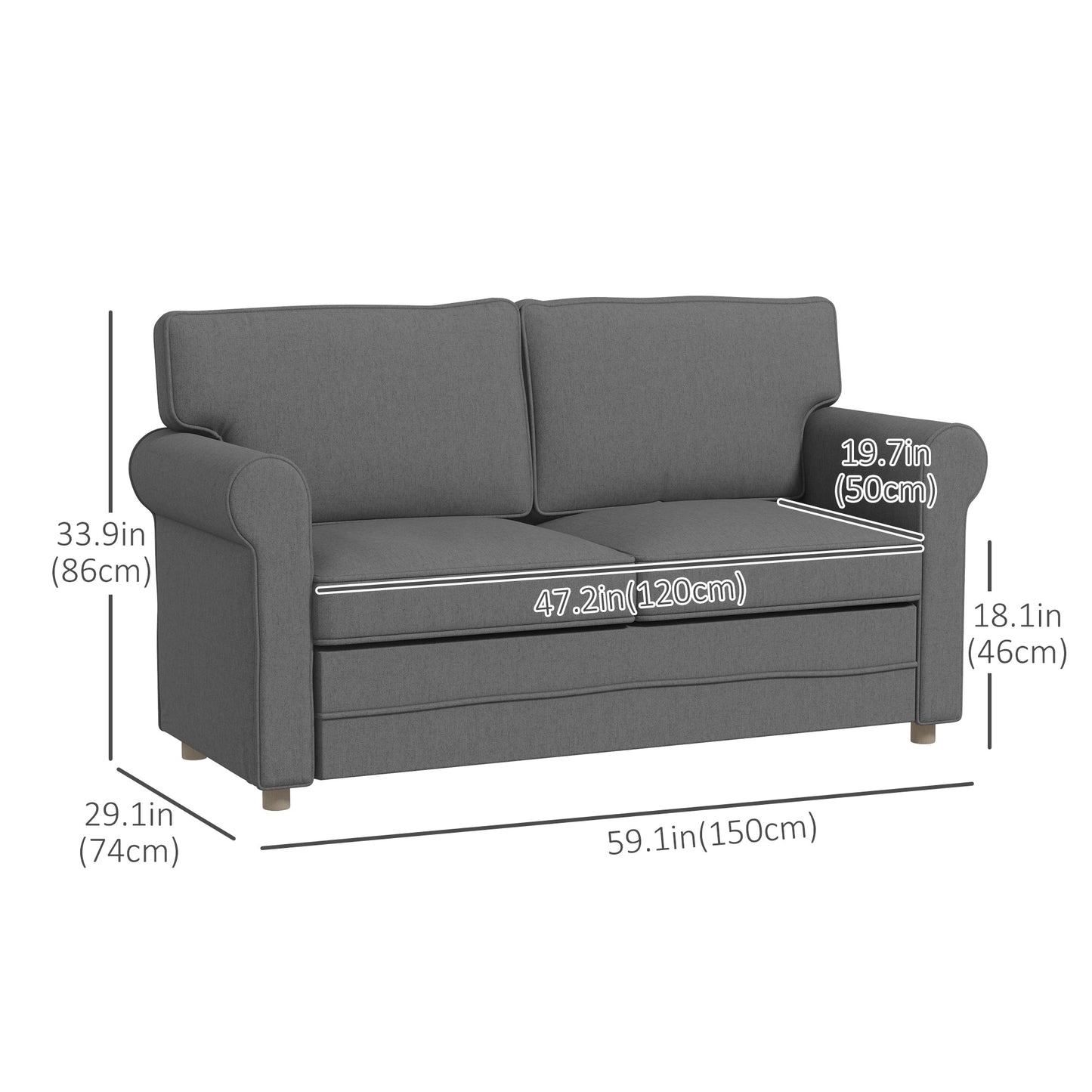 59" Loveseat Sofa for Bedroom, Modern Love Seats Furniture, Upholstered 2 Seater Couch with Solid Steel Frame and Beech Wood Legs, Med Grey 2-Seater Sofas   at Gallery Canada