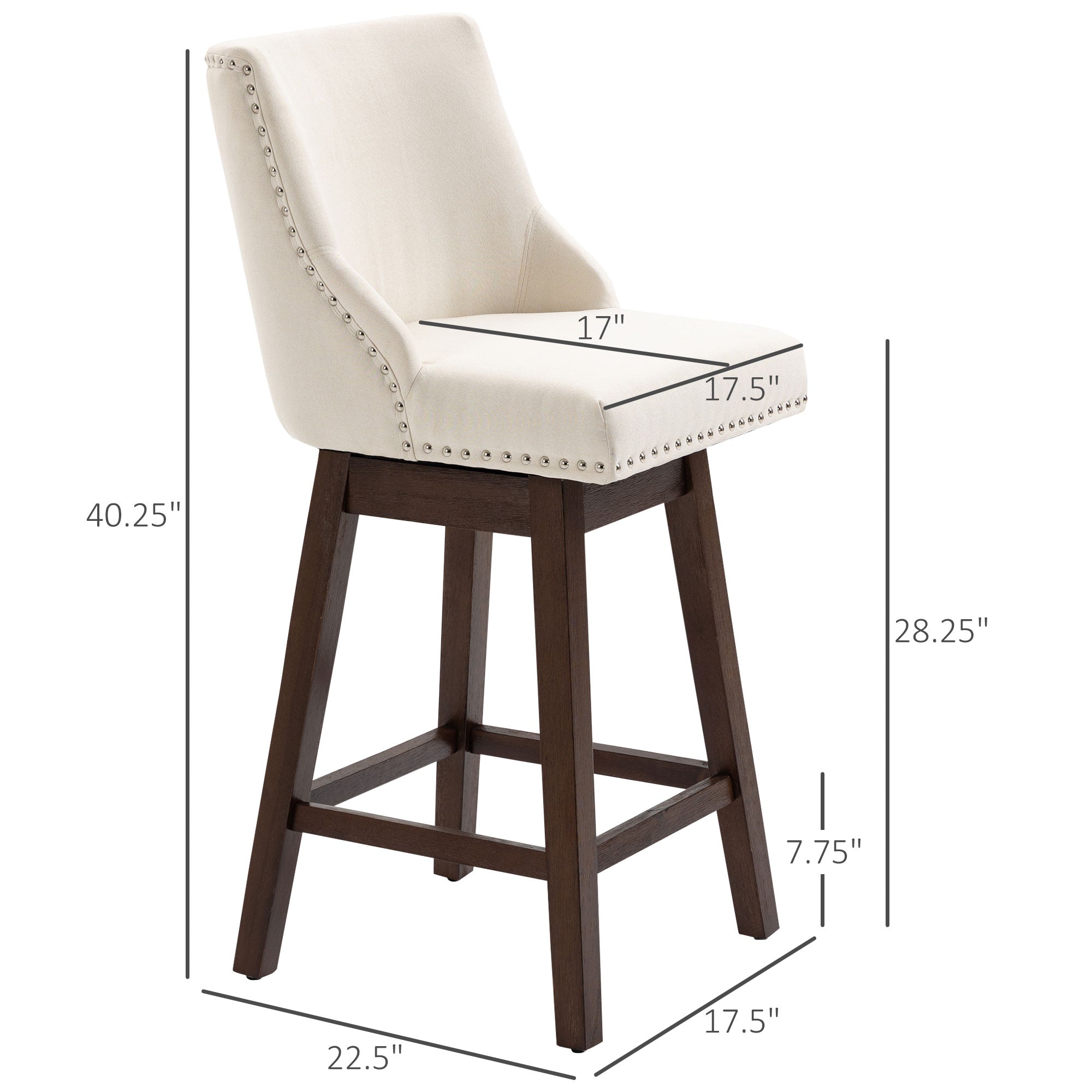 Swivel Bar stool Set of 2 Armless Upholstered Bar Chairs with Nailhead-Trim, Wood Legs, Cream White Bar Stools   at Gallery Canada