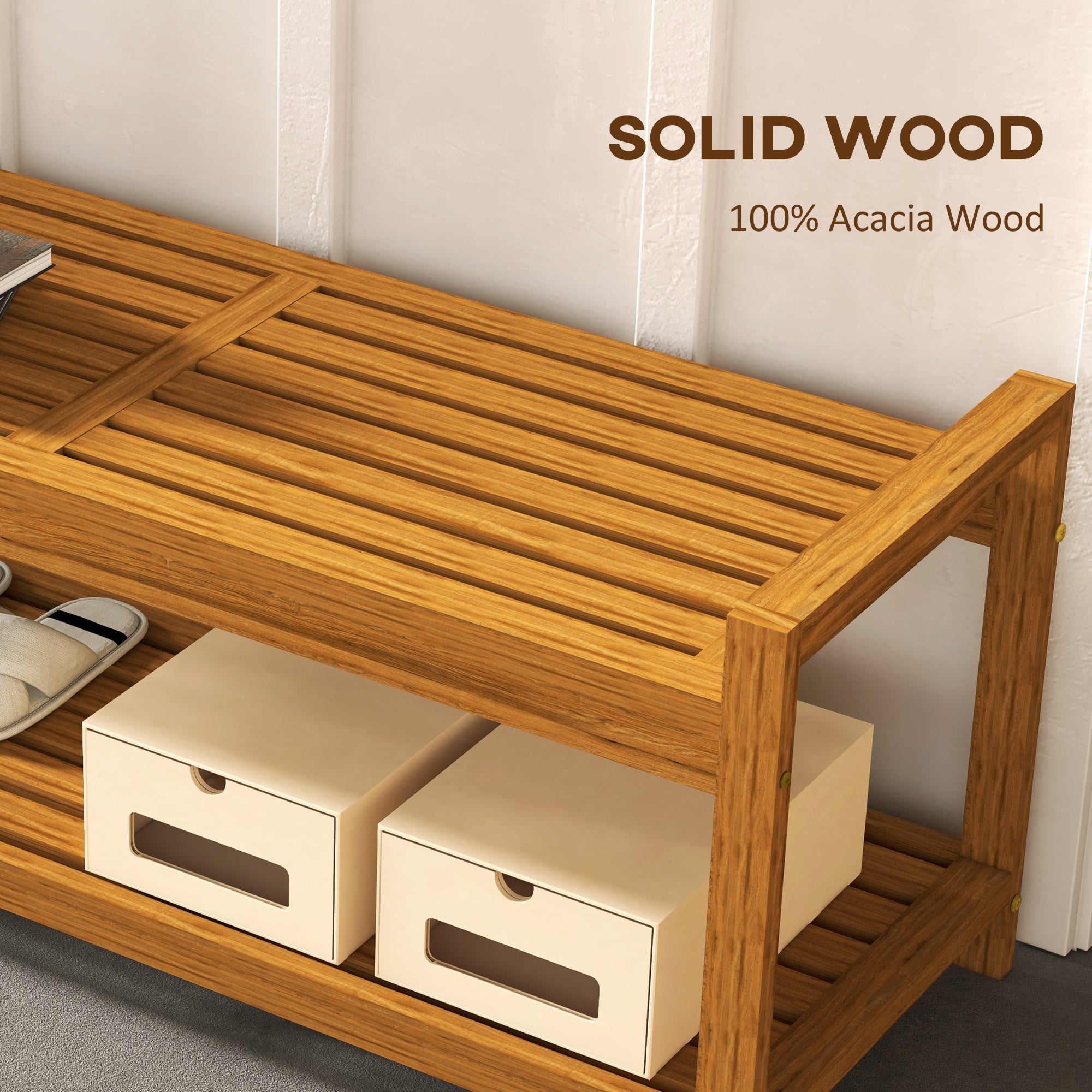 Garden Stool with Storage Shelf, Slatted Seat for Indoor Conservatory, Garden, Poolside, Deck, Teak Storage Ottomans & Benches at Gallery Canada