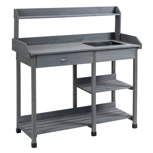 Potting Bench Table Garden Work Bench Workstation with Drawer, Removable Sink, Storage Shelves and Hooks for Patio, Courtyards, Balcony