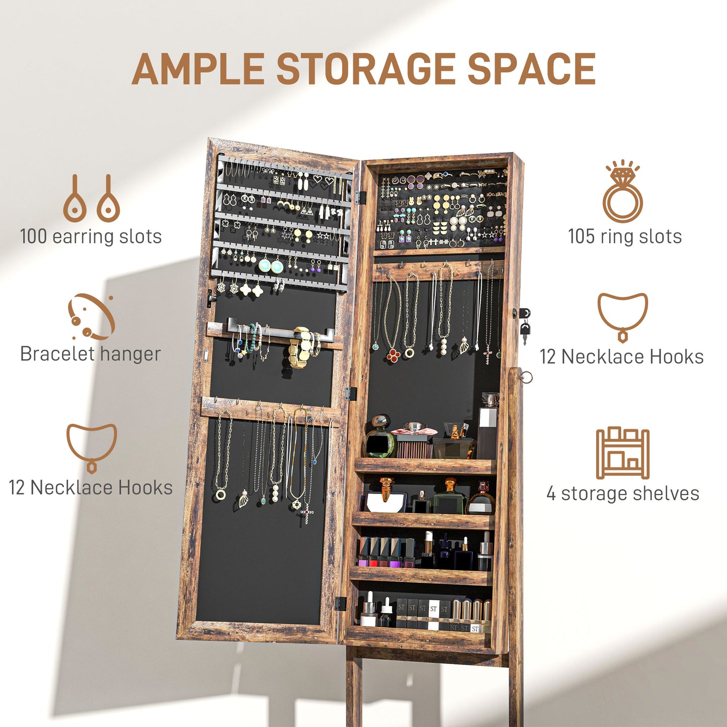 Lockable Mirror Jewelry Cabinet, Full-Length Mirror and Jewellery Storage with 3 Adjustable Angles, Rustic Brown Jewelry Armoire & Jewellery Mirror Cabinets   at Gallery Canada