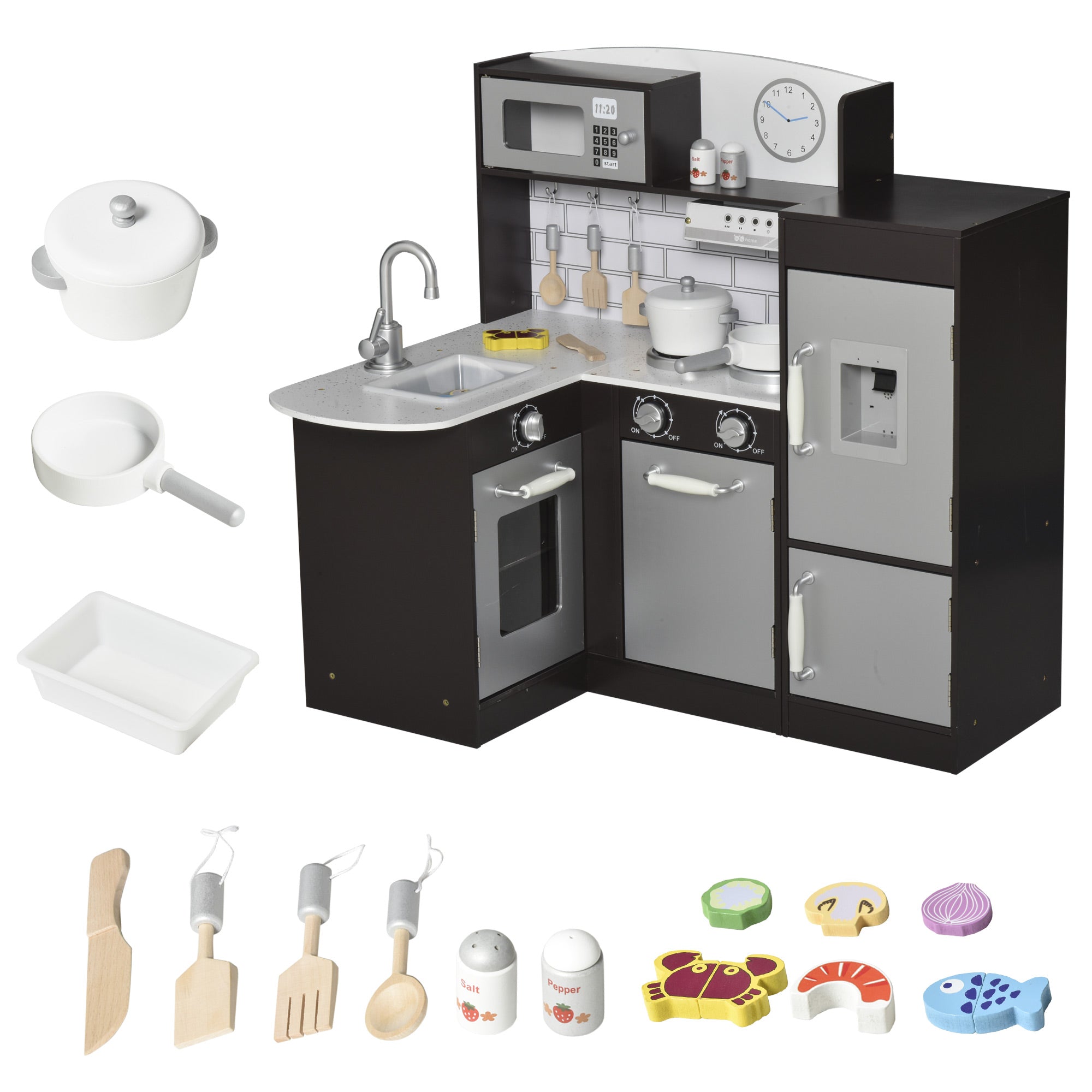 Black Kids Kitchen Play Cooking Toy Set for Children with Drinking Fountain, Microwave, and Fridge with Accessories, Dark Brown Play Kitchen Multi Colour  at Gallery Canada