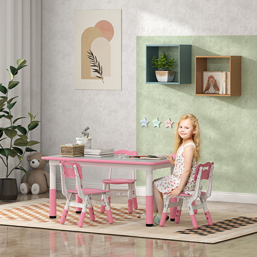 Kids Table and Chair Set with 4 Chairs, Adjustable Height, Easy to Clean, for 1.5 - 5 Years Old, Pink