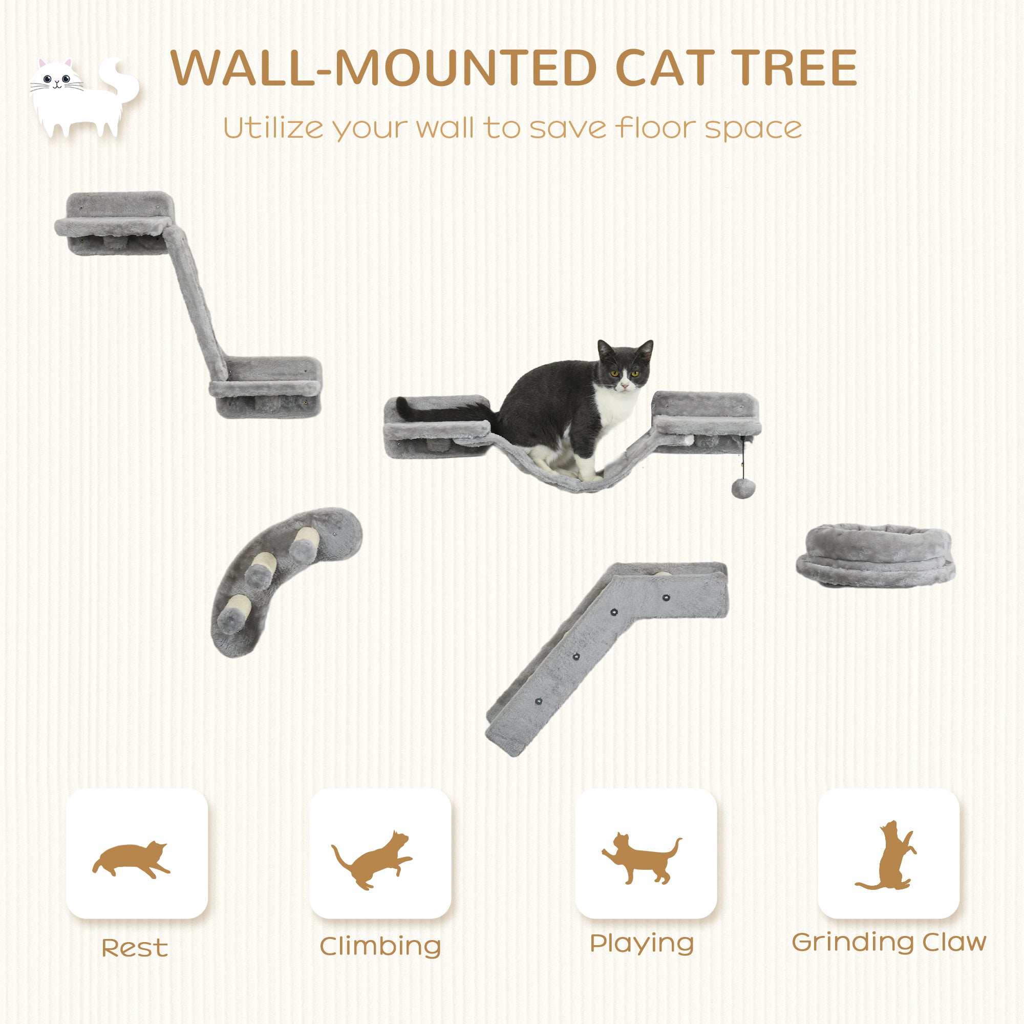 5PCs Cat Wall Shelves with Scratching Post, Ladder, Cat Bed, Jumping Platform, Perches, Toy Ball, Step Cat Climbing Wall at Gallery Canada