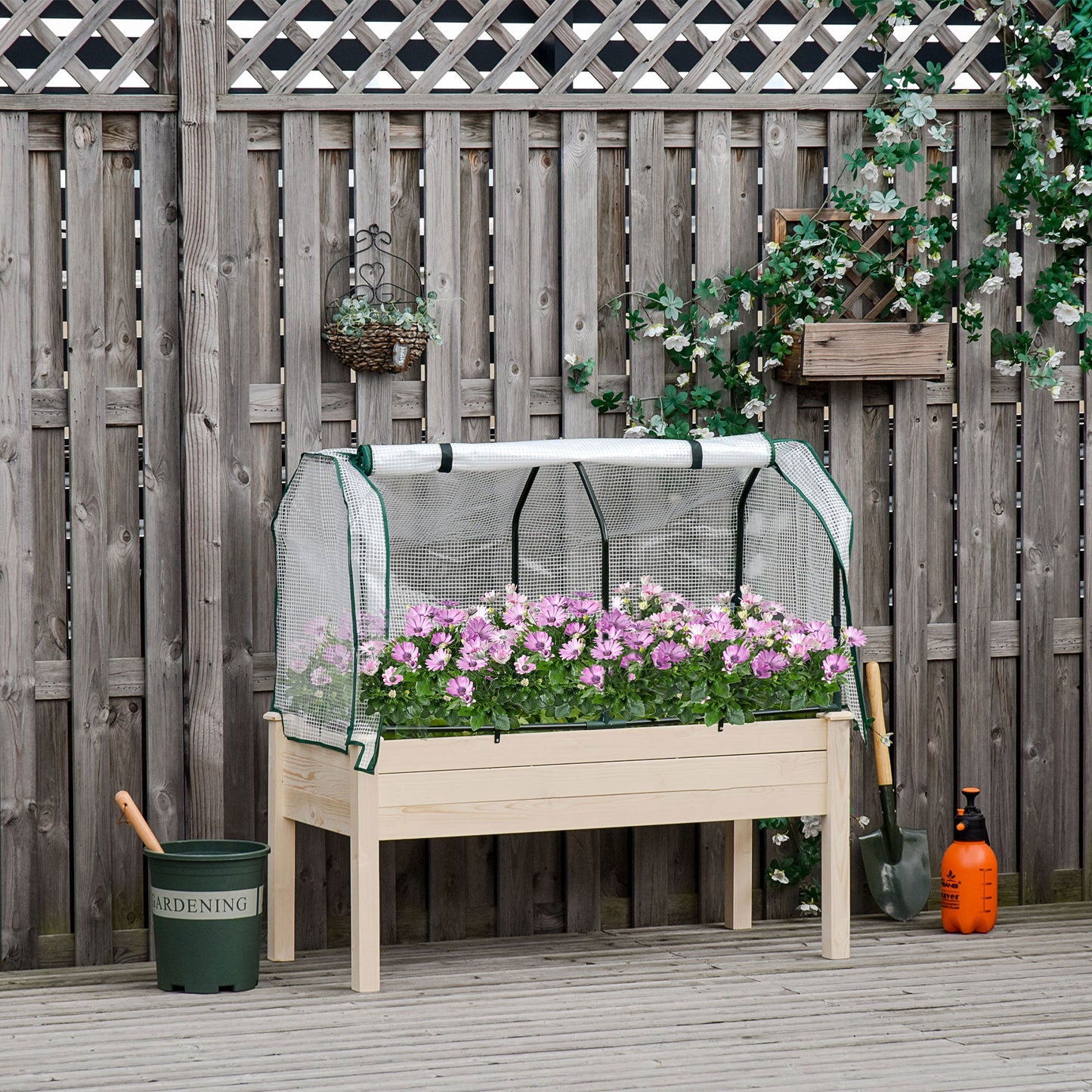 Elevated Wood Planter Box with PE Greenhouse Cover for Herbs & Veggies, Natural Elevated Garden Beds   at Gallery Canada