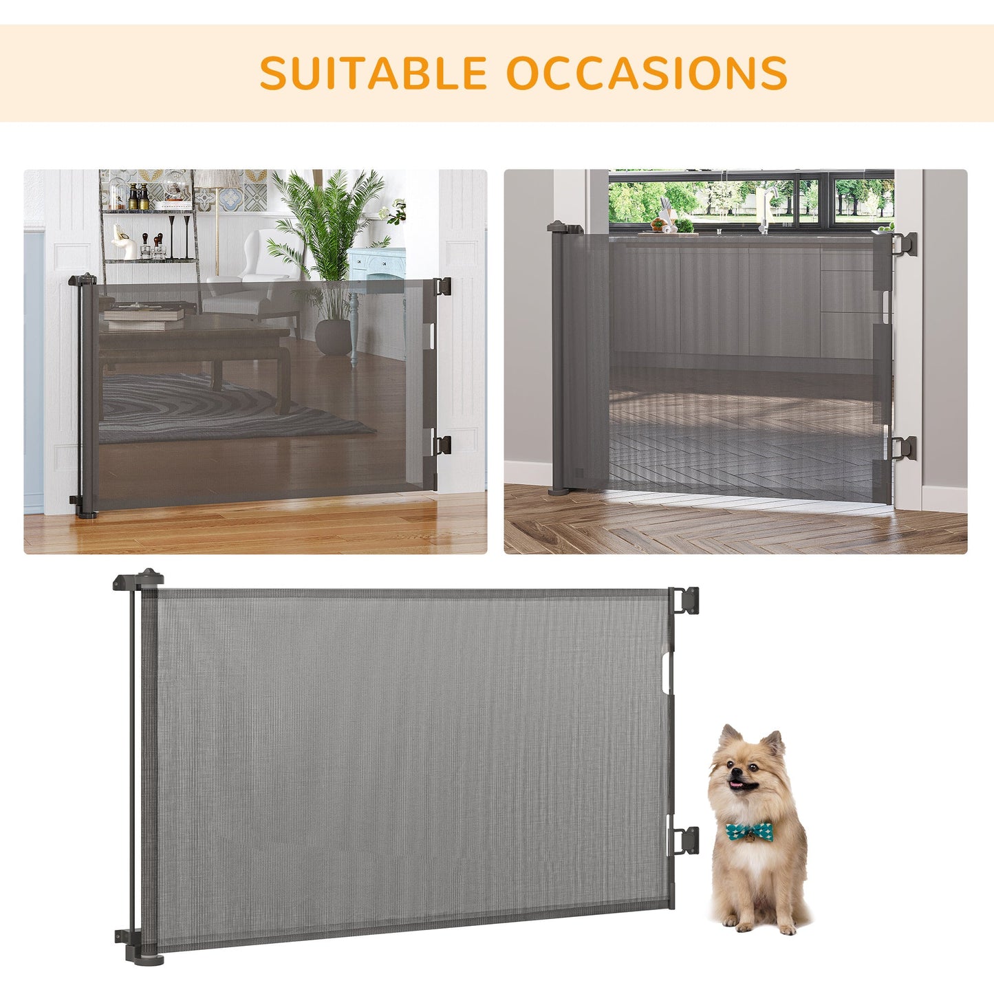 Tall Retractable Pet Gate, 33.5" x 59.1", Foldable Mesh, Single Hand Use, Grey Houses, Kennels & Pens   at Gallery Canada