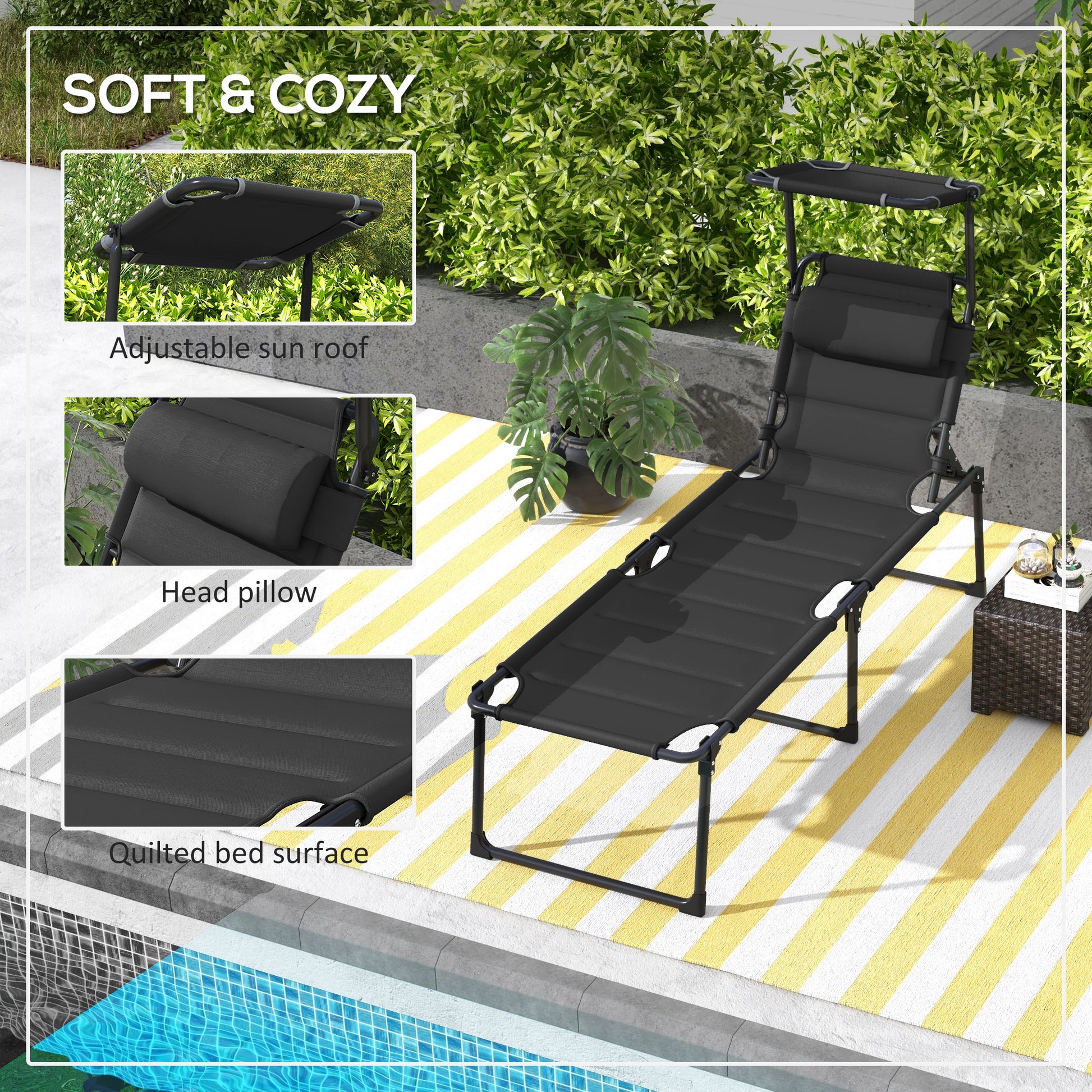 Folding Chaise Lounge with Adjustable Visor, Padded Tanning Chairs with Headrest, Reclining Outdoor Lounge Chair, for Beach, Yard, Patio, Black Lounger Chairs   at Gallery Canada