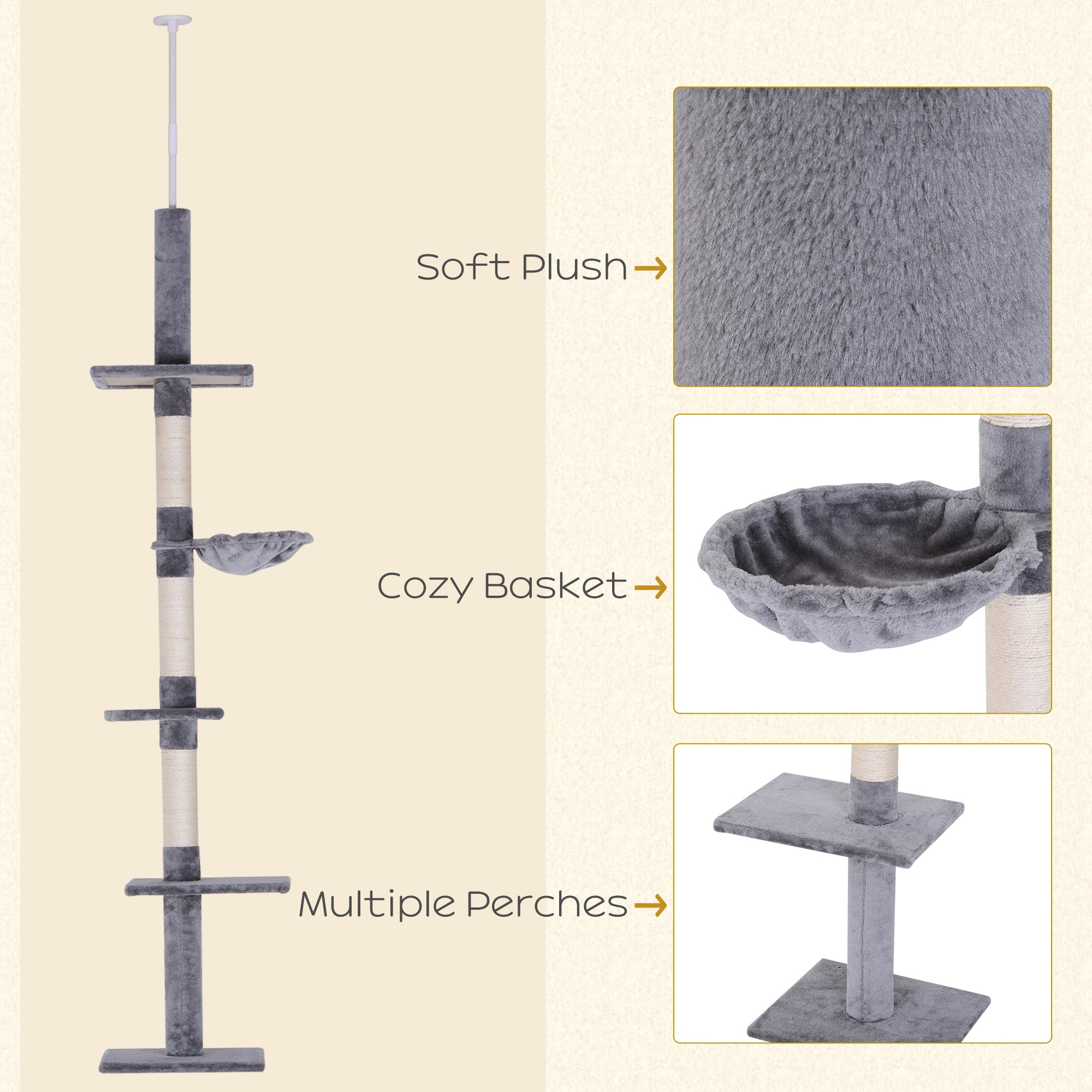 8.5ft Cat Climbing Tree 5-Tier Cat Activity Center Floor-to-Ceiling Cat Climber Toy with Scratching Post Play Rest Post Pet Furniture Grey Floor to Ceiling Cat Trees at Gallery Canada