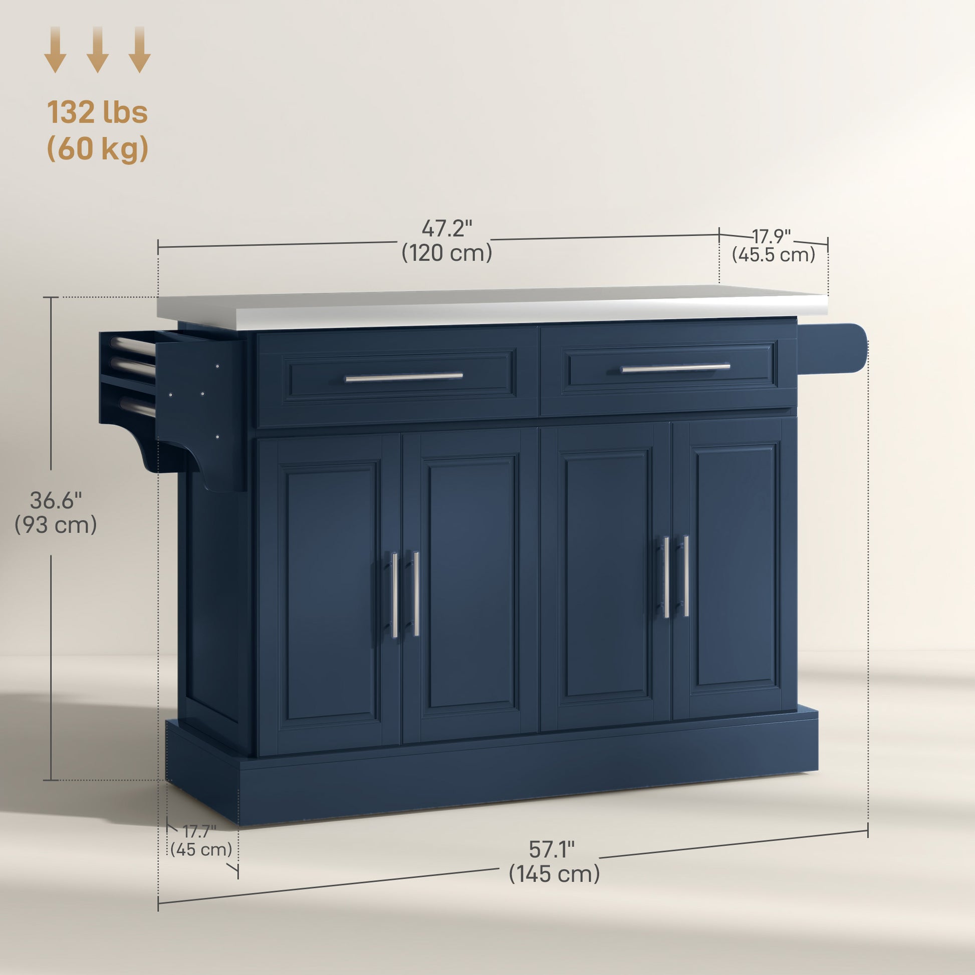 Rolling Kitchen Island with Storage and Stainless Steel Top, Kitchen Trolley with Drawers, Cabinets, Towel Rack, Blue Kitchen Islands & Kitchen Carts at Gallery Canada