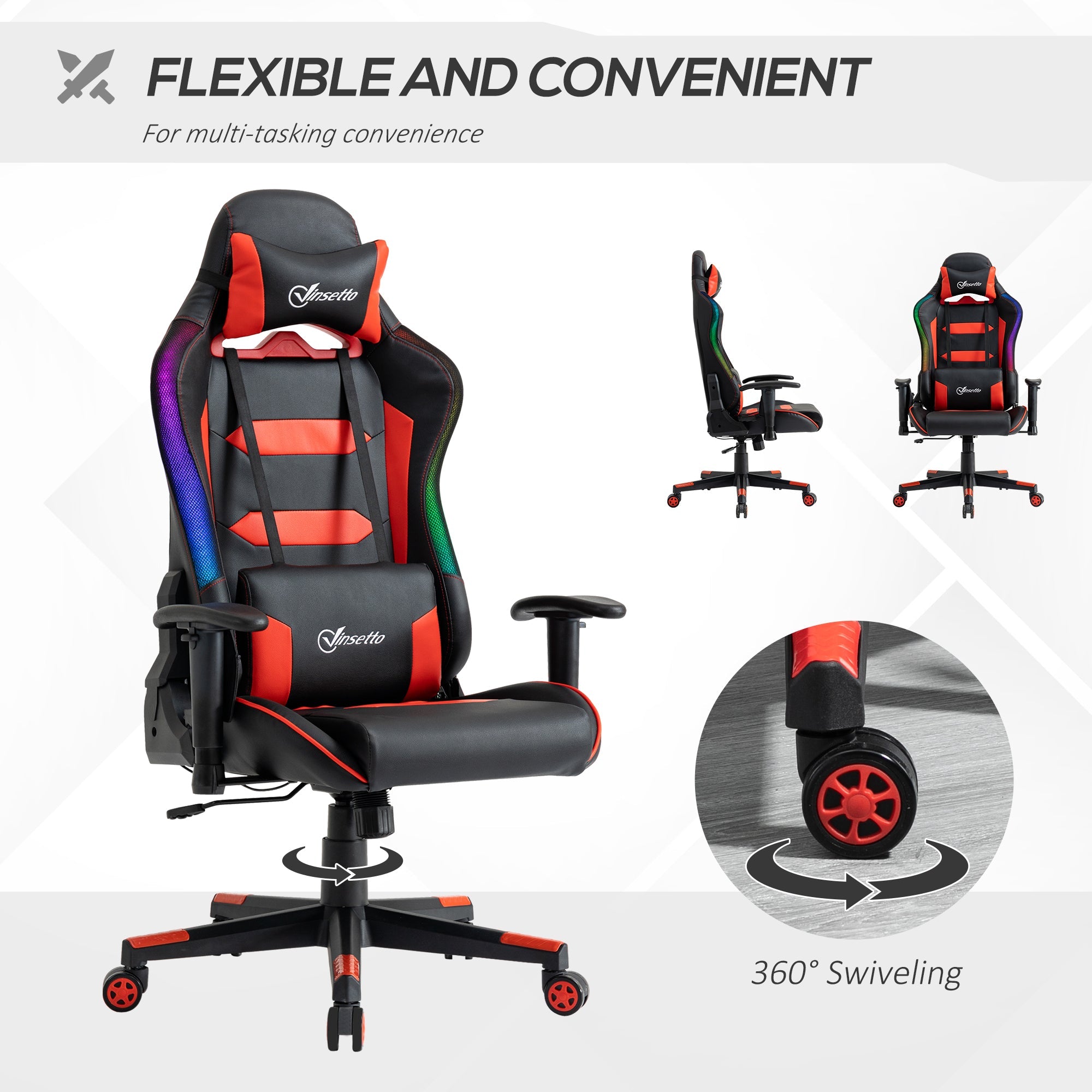 Racing Office Chair with RGB LED Light, Gaming Desk Chair with Lumbar Support, High Back PU Leather Swivel Computer Recliner, Tilt, Black and Red Video Game Chairs   at Gallery Canada