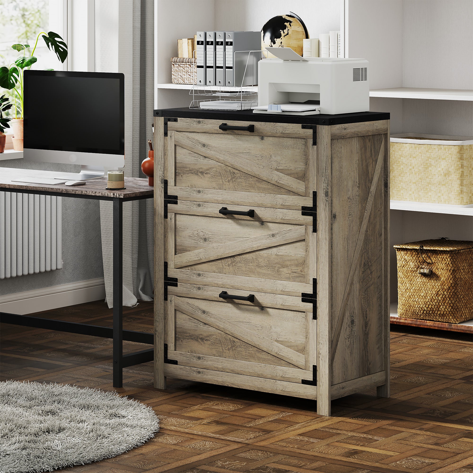 3 Drawer Filing Cabinet, Farmhouse Office Storage Cabinet with Adjustable Hanging Bars for Letter, A4, Legal Size, Grey Office Cabinets & Cupboards at Gallery Canada