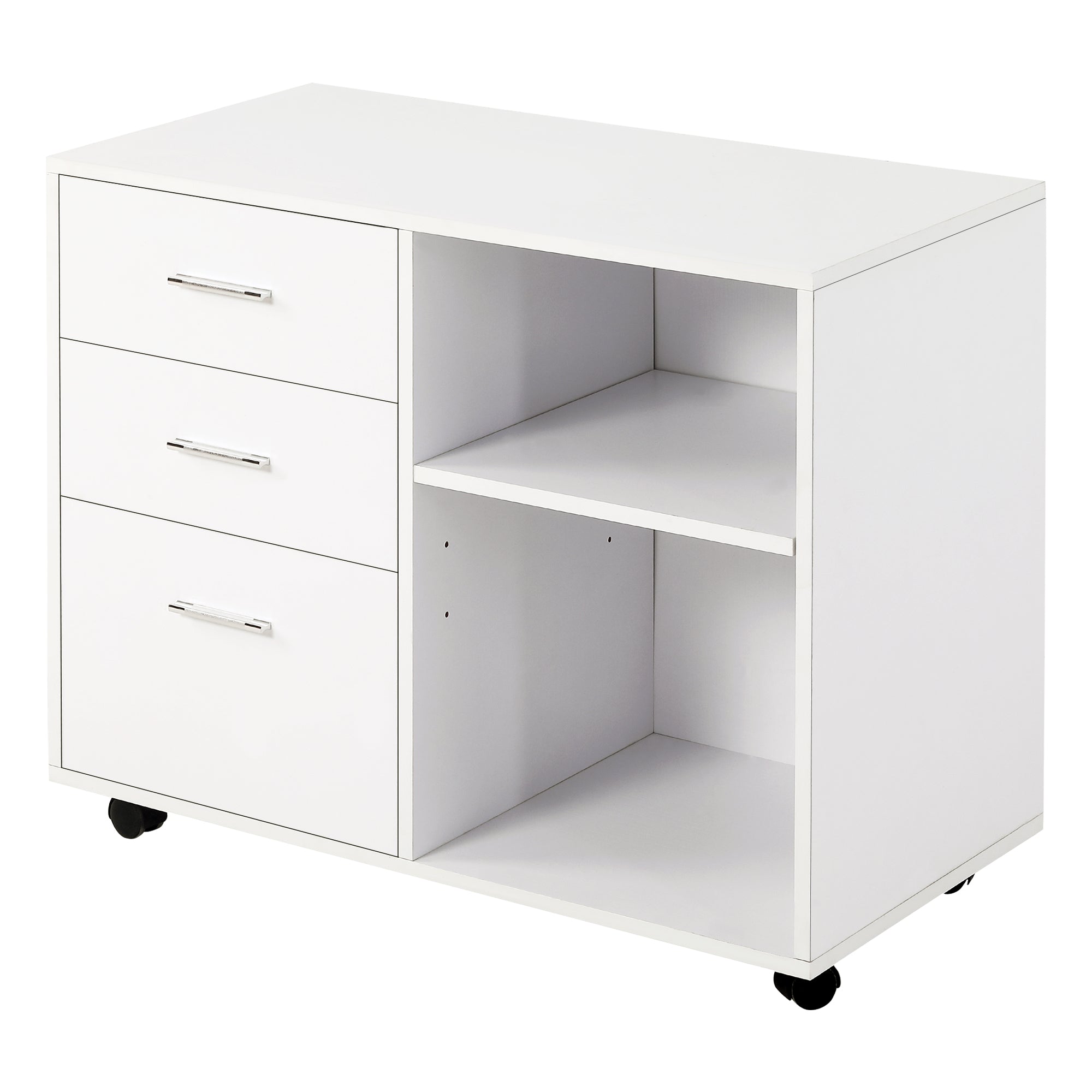 Modern Lateral Filing Cabinet, 3 Drawer File Cabinet for Letter and A4 Size Documents, Mobile, Printer Stand with Open Shelves, Rolling Wheels, White Office Cabinets & Cupboards at Gallery Canada