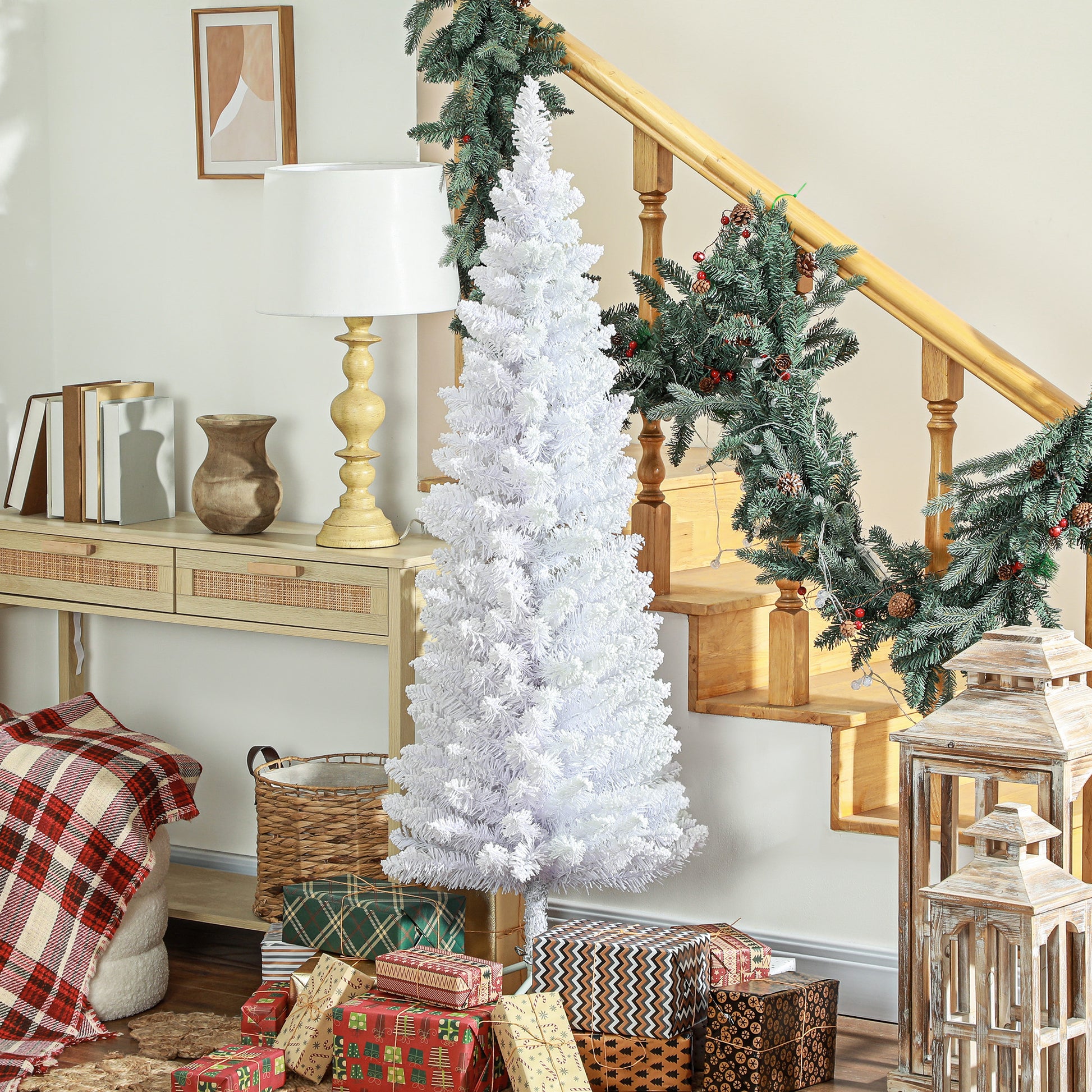 5ft White Christmas Tree, Flocked Pencil Christmas Tree with 246 Branch Tips and Metal Base for Home, Indoor, Holiday Pencil Christmas Trees White  at Gallery Canada