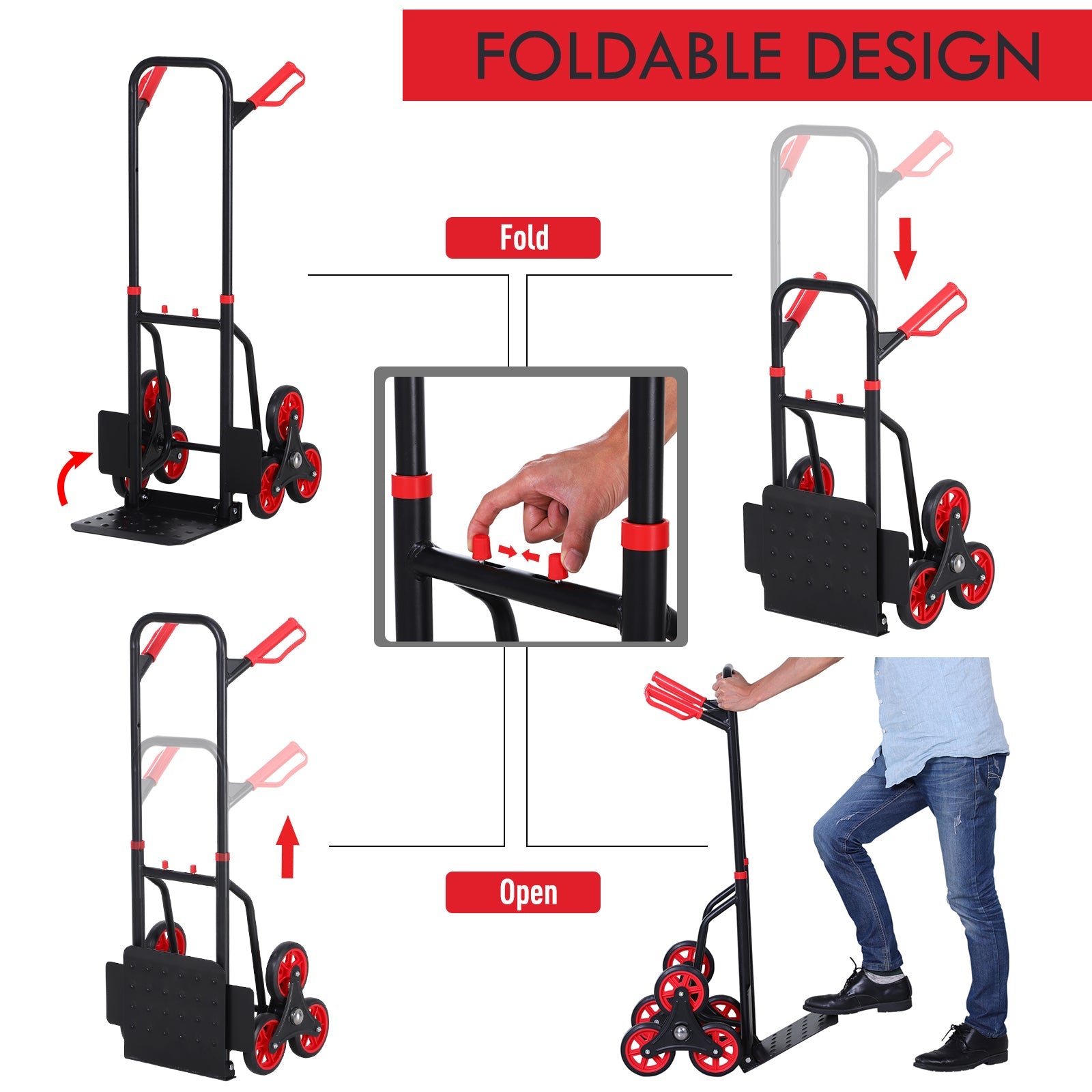 6-Wheels Stair Climber Trolley Cart Hand Truck and Dolly Foldable Steel Load Cart, 264lbs Capacity Folding Hand Trucks   at Gallery Canada