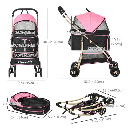 4 Wheels Pet Stroller, 3 in 1 Dog Cat Travel Folding Carrier, for Small Dogs, Detachable, w/ Brake, Canopy, Basket, Storage Bag - Pink Dog Bike Trailers & Strollers   at Gallery Canada