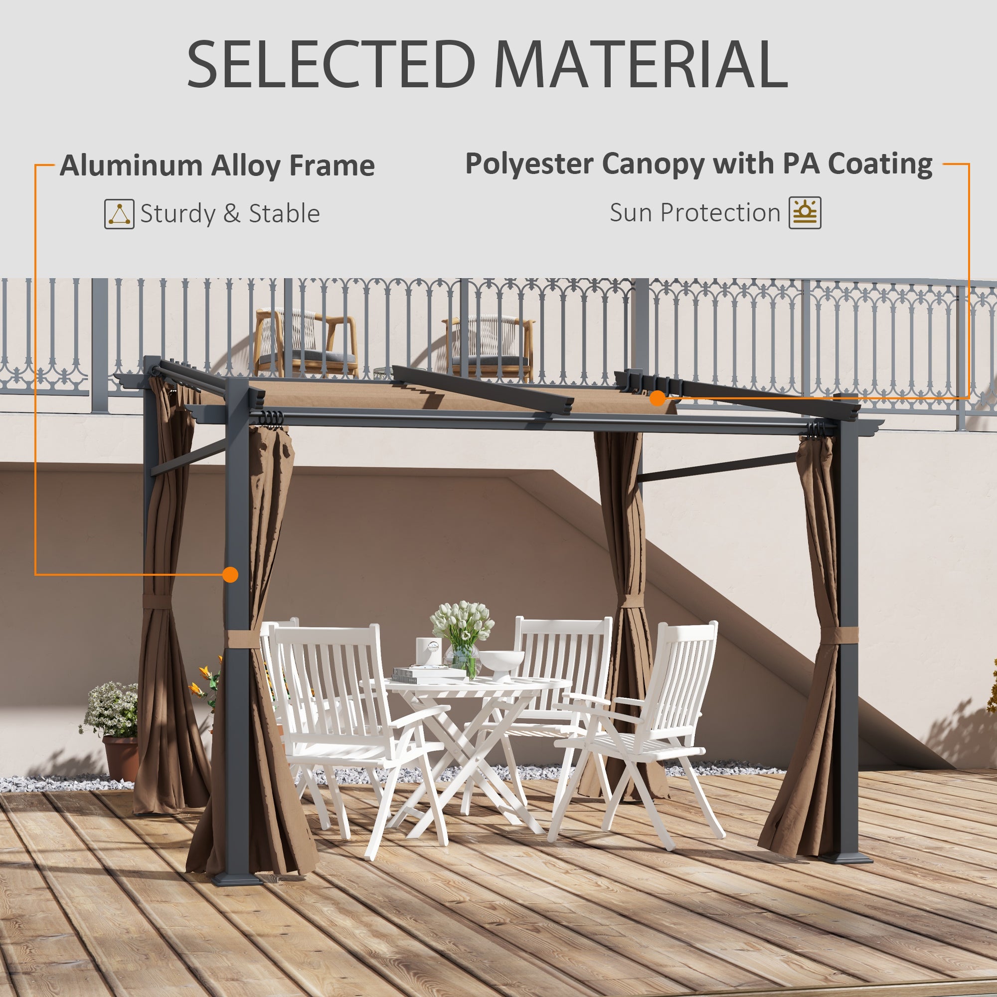 Metal Pergola with Sliding Roof Canopy, Retractable Pergola Canopy, 10' x 10', Coffee Pergolas at Gallery Canada