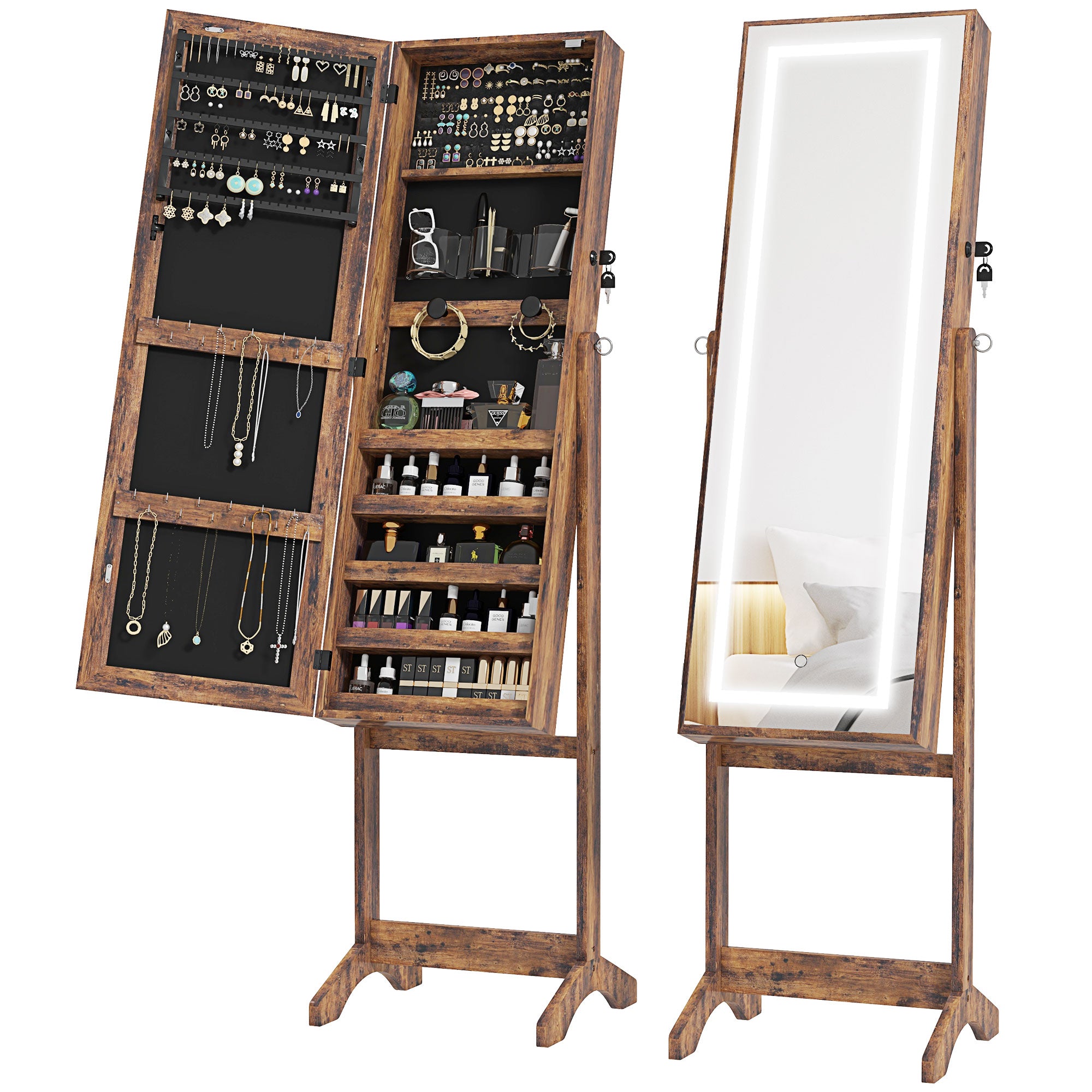 Lockable Jewelry Armoire with LED Light, Standing Mirror with Storage for Bedroom Dressing Room, Rustic Brown Jewelry Armoire & Jewellery Mirror Cabinets at Gallery Canada