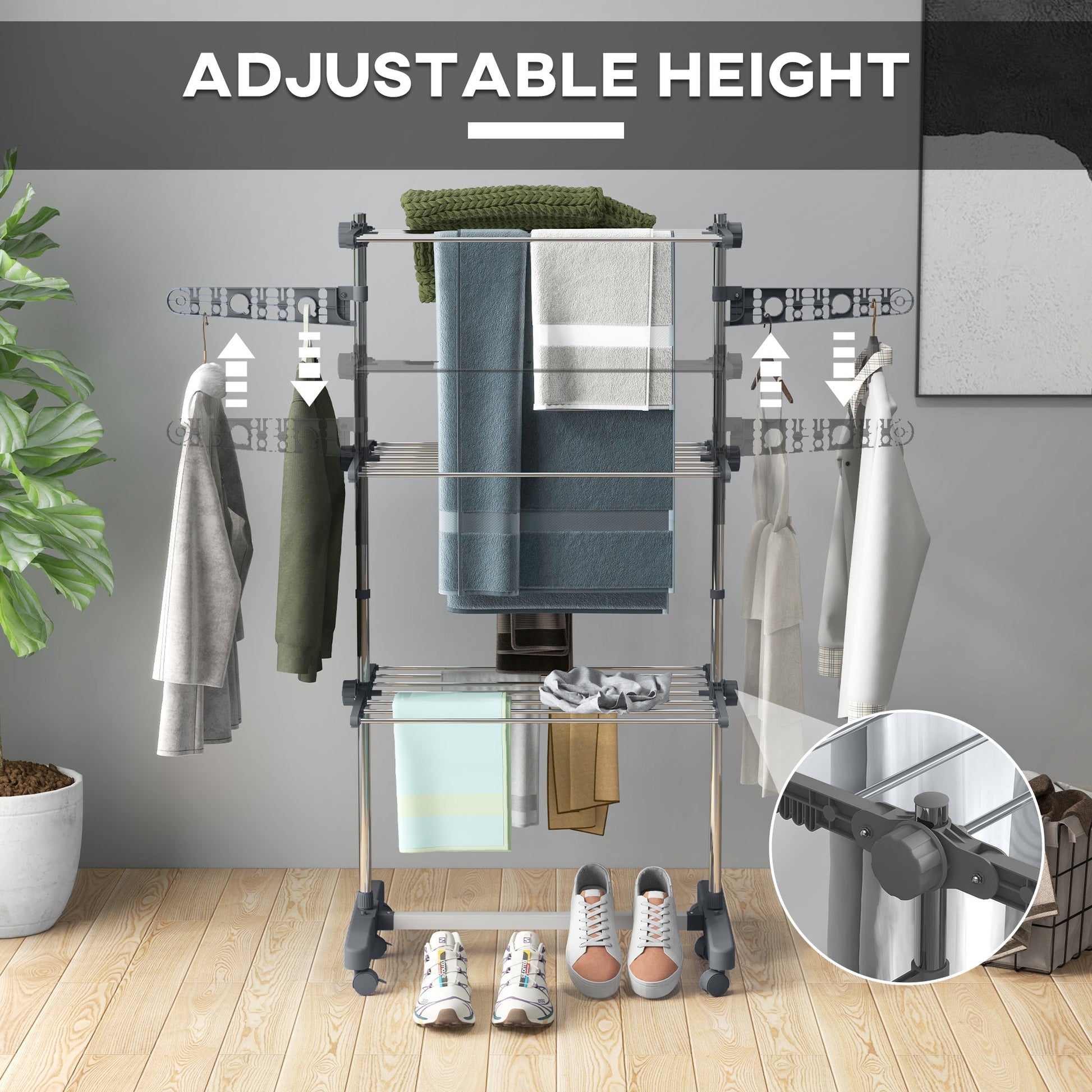 Stainless Steel 3-Tier Collapsible Clothes Drying Rack with Wheels, Grey Bath Accessories   at Gallery Canada